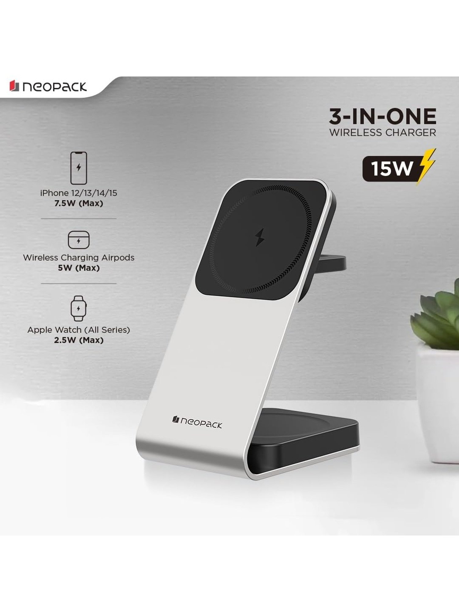 Neopack 15W Wireless Charging Stand for Apple Devices, 3 in 1 Wireless Charger (Silver)