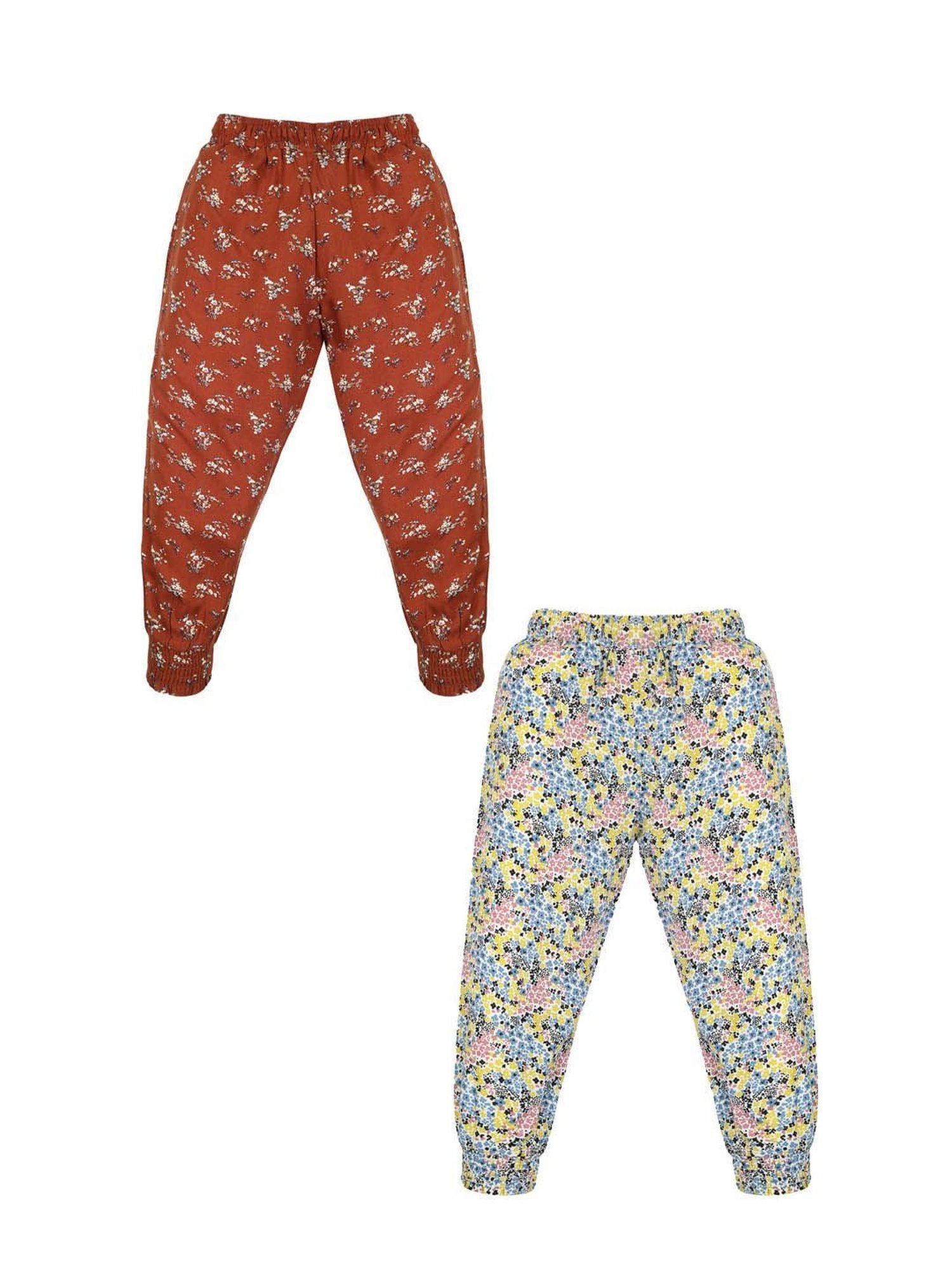 Plum Tree Girls Rust & White Floral Print Trackpants (Pack Of 2)