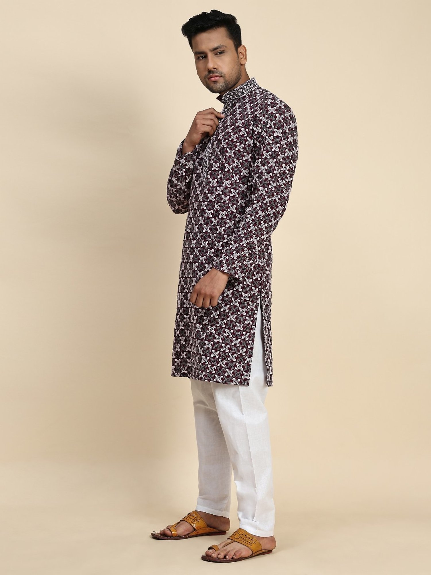 Pro-Ethic Style Developer Wine & White Cotton Regular Fit Embellished Kurta Bottom Set