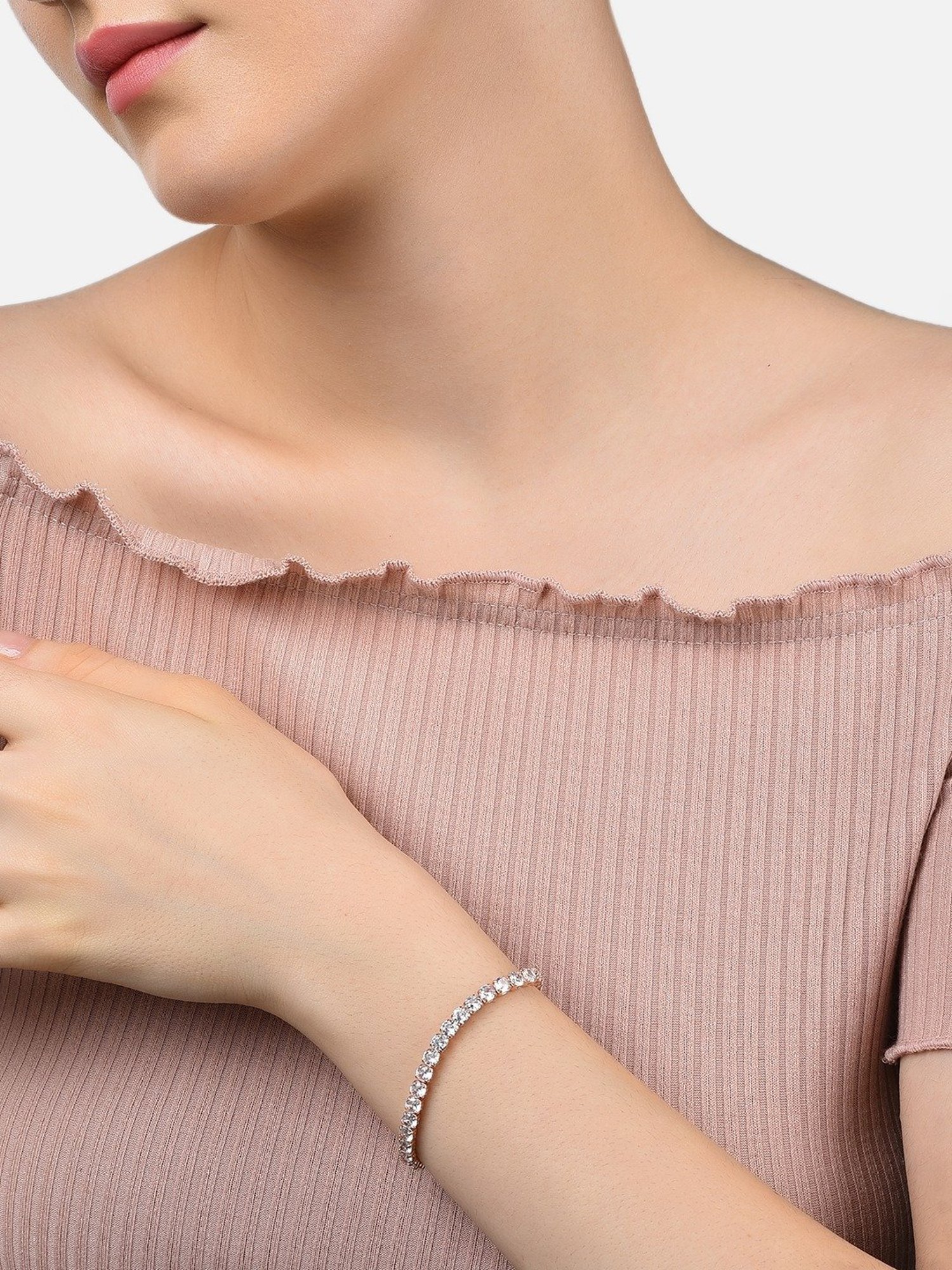 Zaveri Pearls Set of 2 Rose Gold Cubic Zirconia Contemporary Tennis Bracelets-ZPFK13430