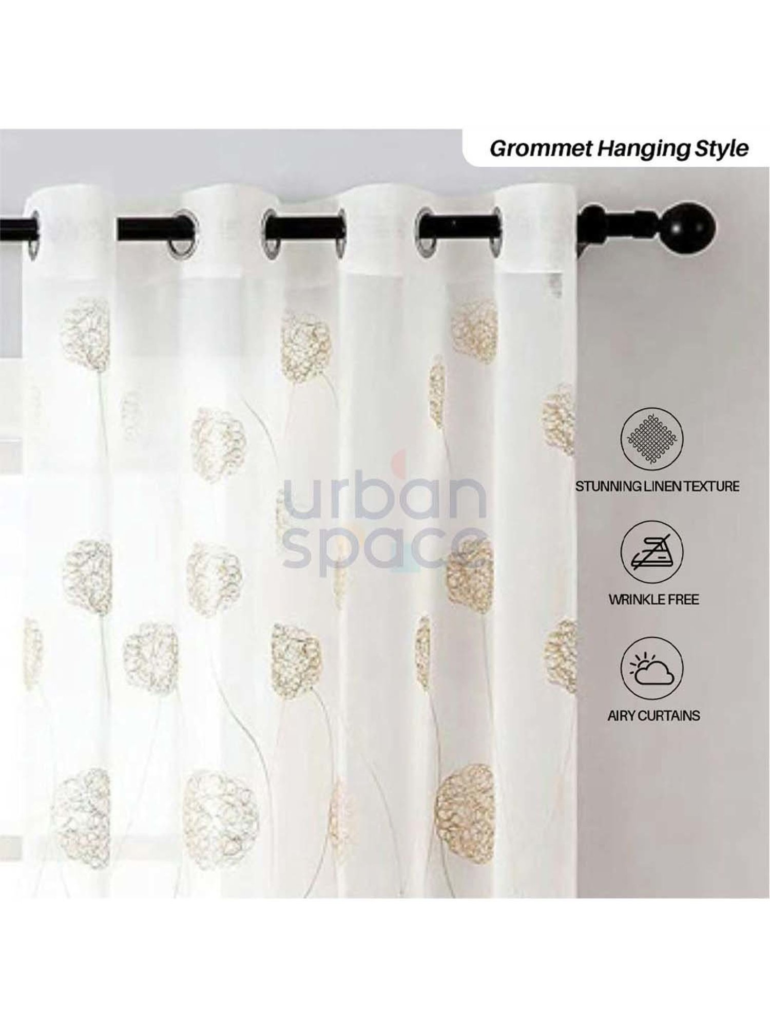 Urban Space Taupe Polyester Window Curtain With Tieback & Eyelet - Set of 2