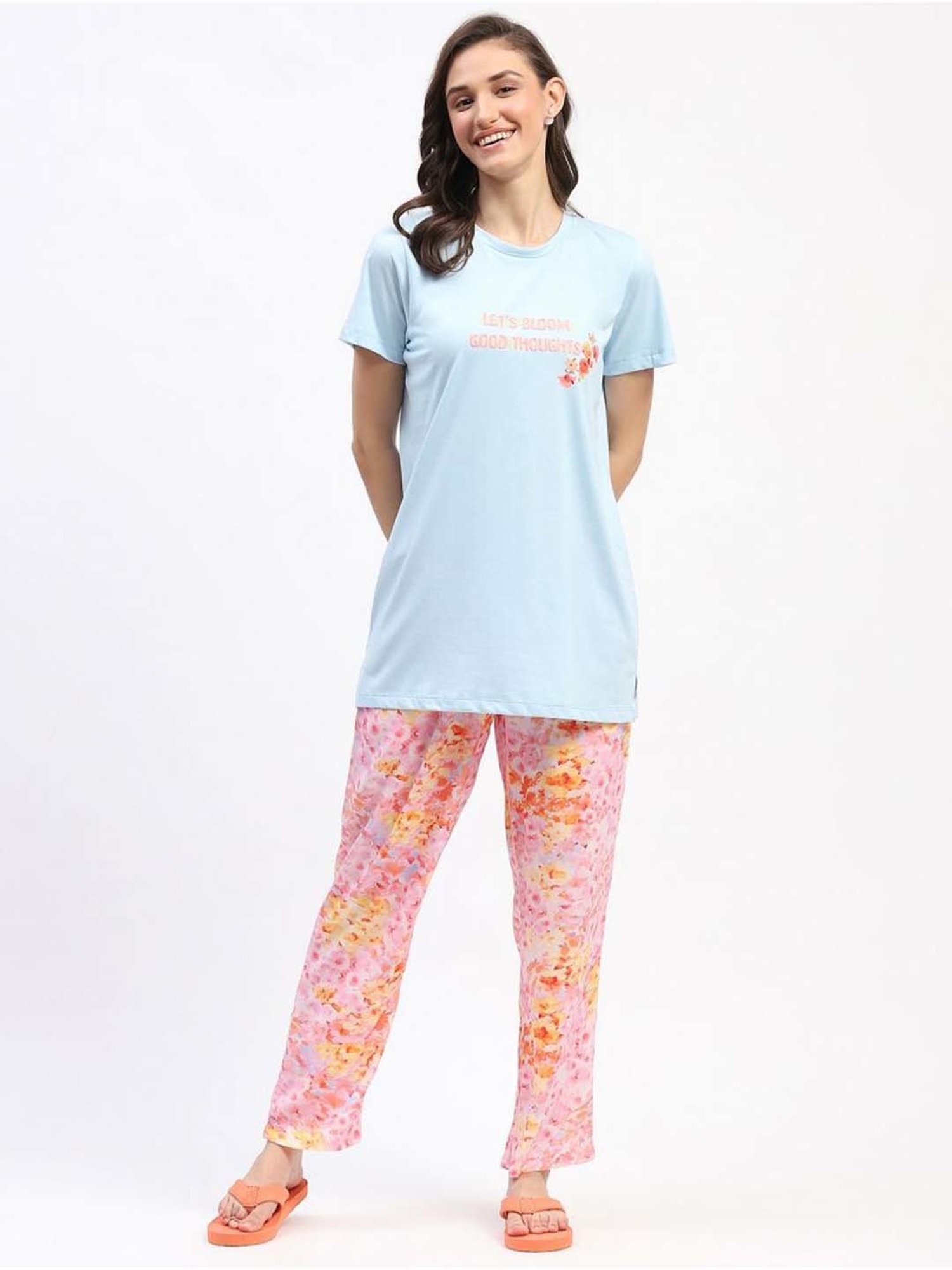 MADAME M Secret Blue & Pink Printed T-Shirt Pyjamas Set