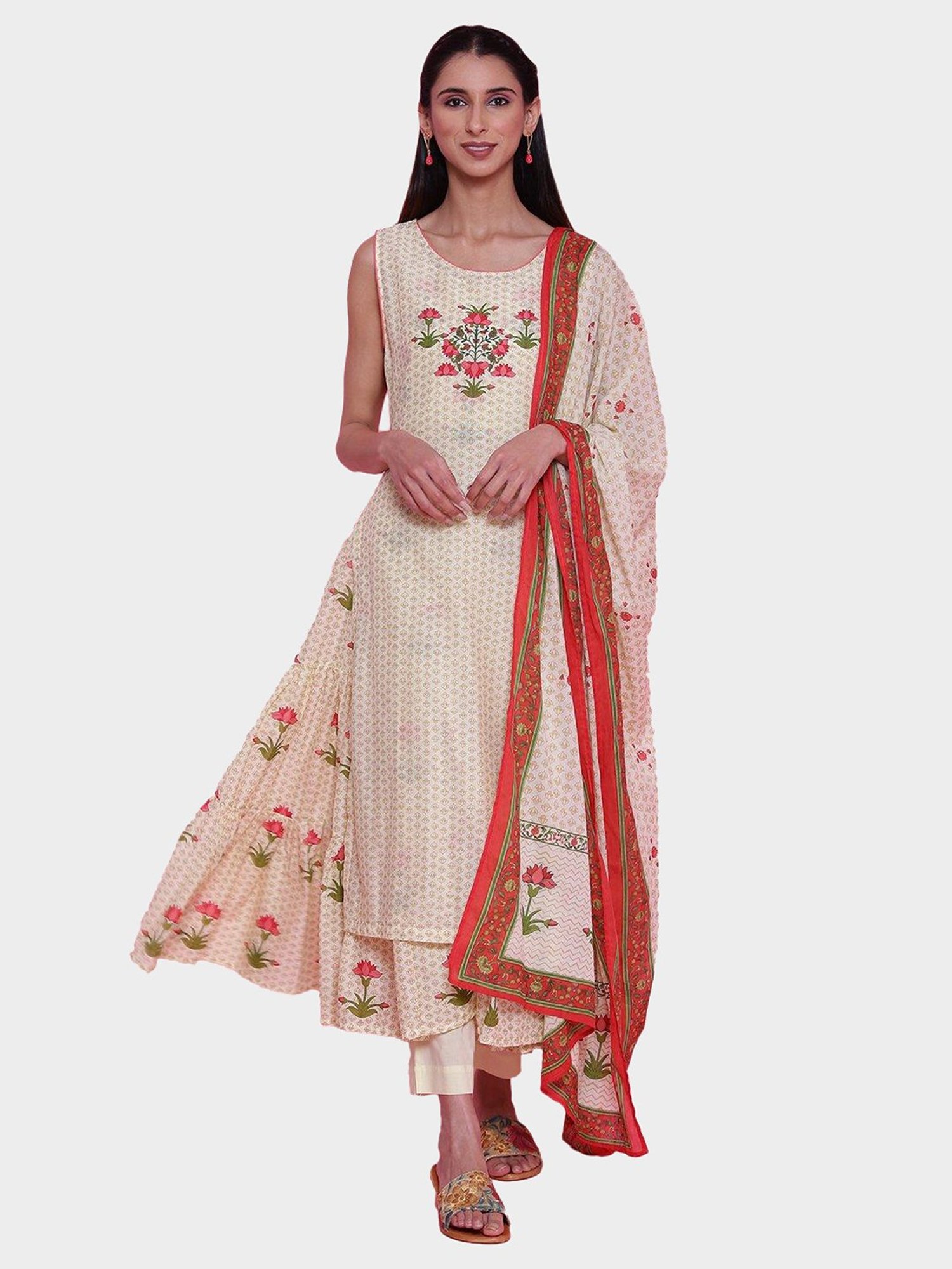 Biba Beige Printed Double Layered Kurta With Pant & Dupatta