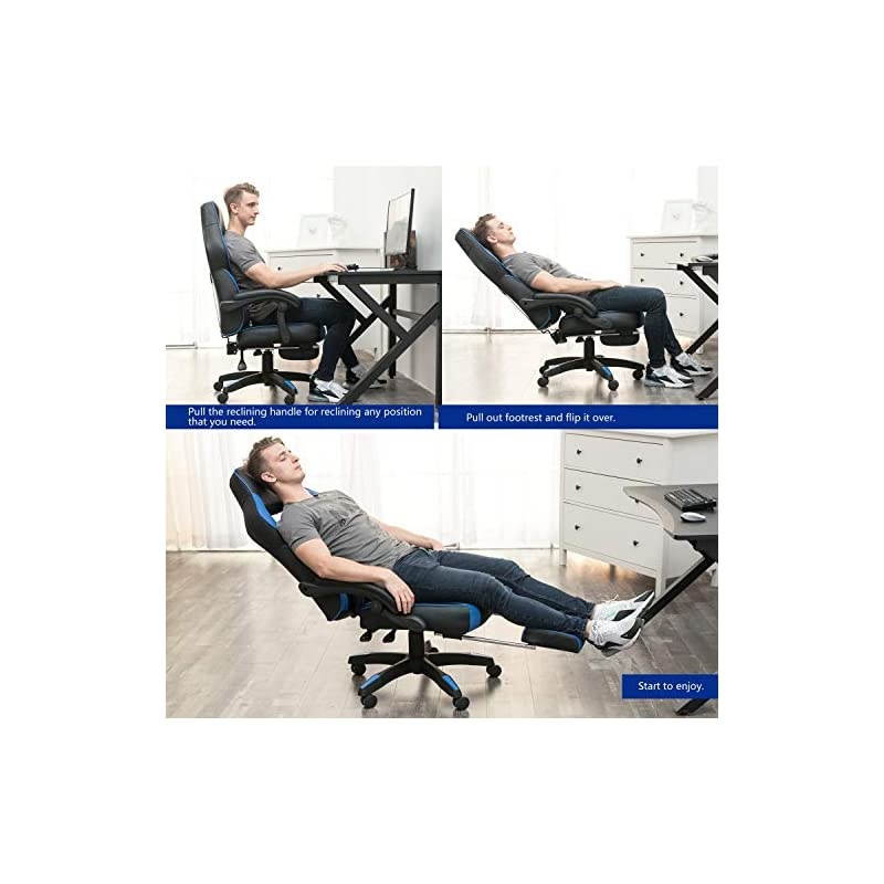 Chair with Footrest Massage Chair Racing Style Reclining Office Computer Desk Chair (Blue)