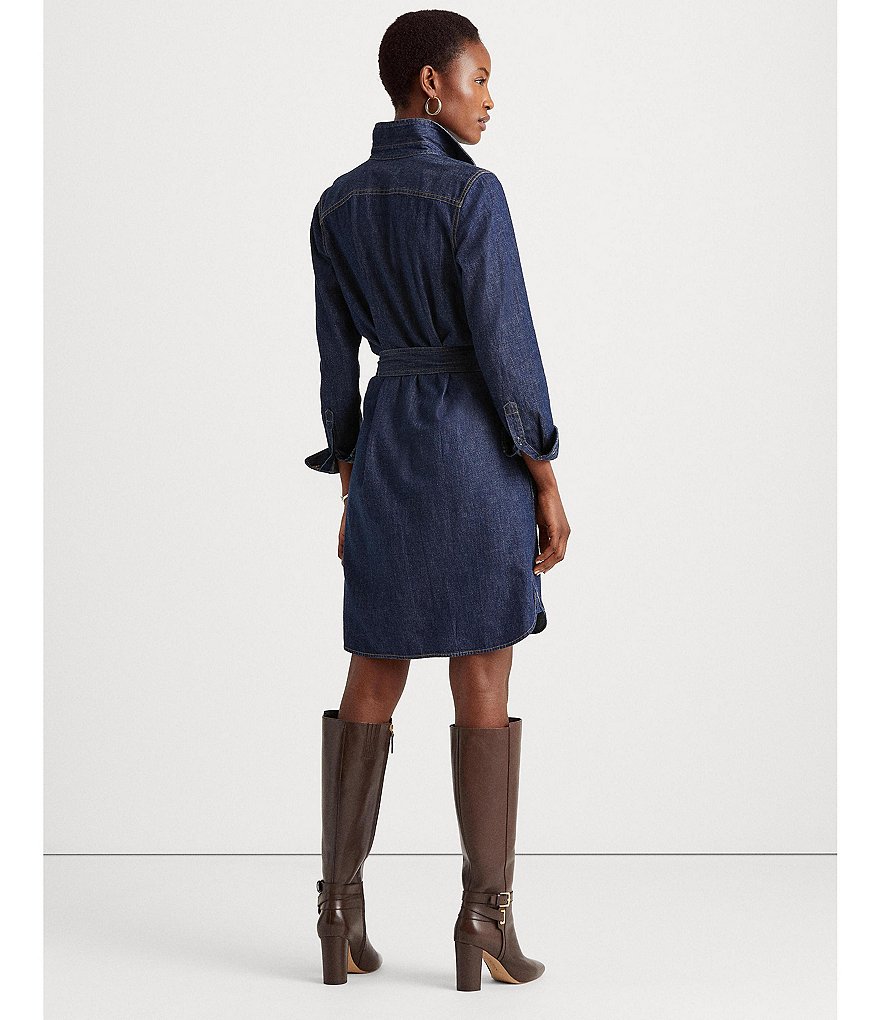 Lauren Ralph Lauren Jameika Denim Long Sleeve Button-Down Collar V-Neck Button Down Shirt Dress