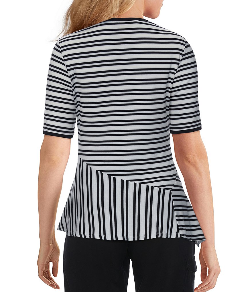 Ruby Rd. Safari Stripe Print Contrast Scoop Neck Elbow Sleeve Asymmetrical Hem Top