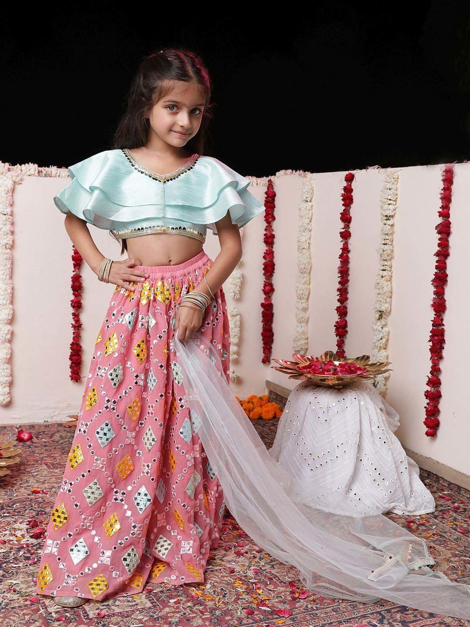 A Little Fable Kids Blue Printed Lehenga with Choli & Dupatta