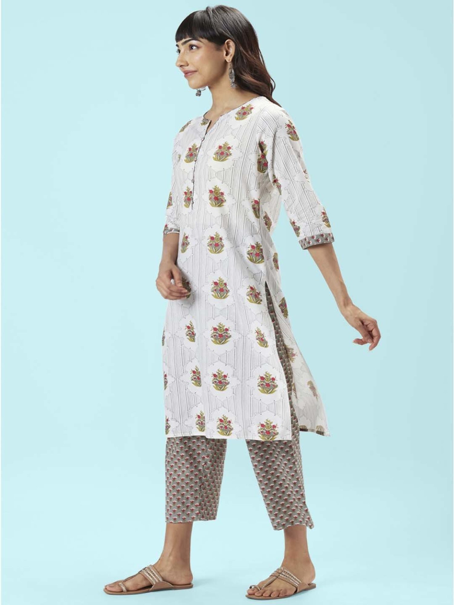 Rangmanch by Pantaloons White & Grey Cotton Floral Print Kurta Palazzo Set