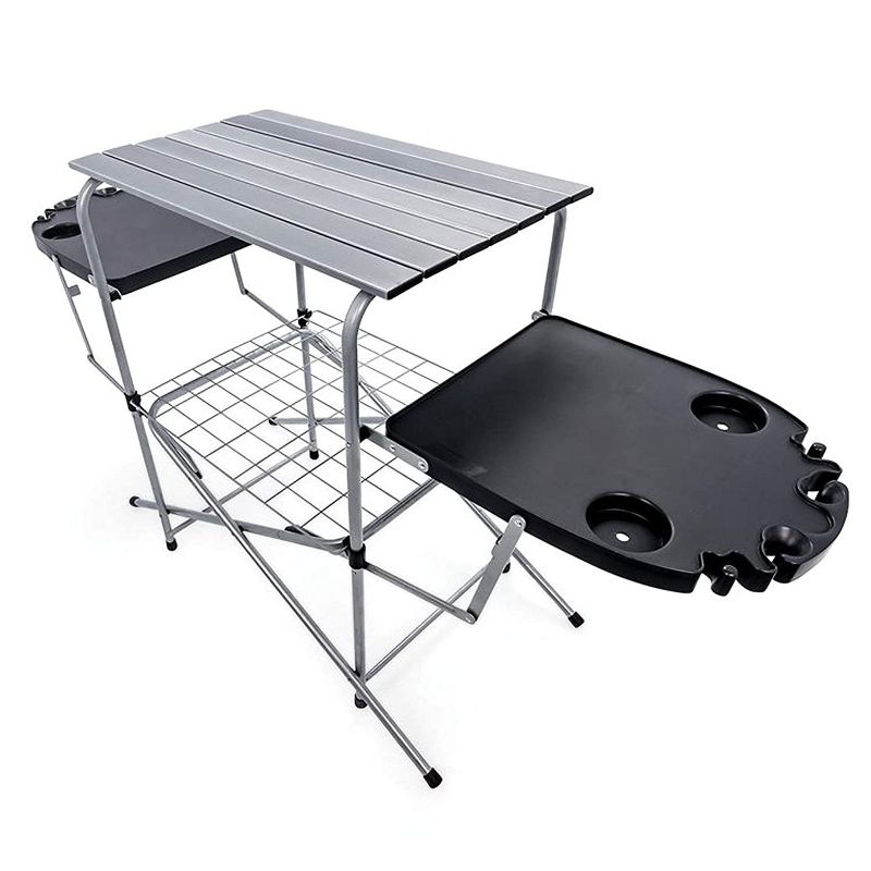 Camco Deluxe Folding Portable Outdoor Aluminum Grill Table Cart with Plastic Side Tables, Cup Holders, and Storage Bag for Camping and Tailgating