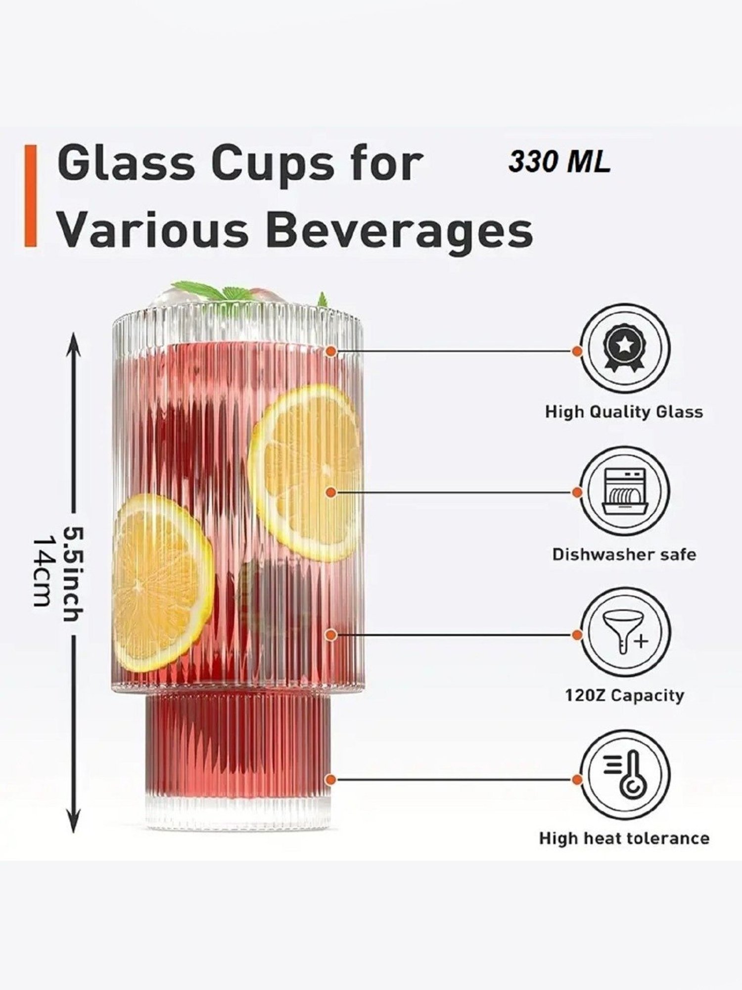 Melbify Ribbed Mojito Transparent Cocktail Glasses 330ml - Set of 6