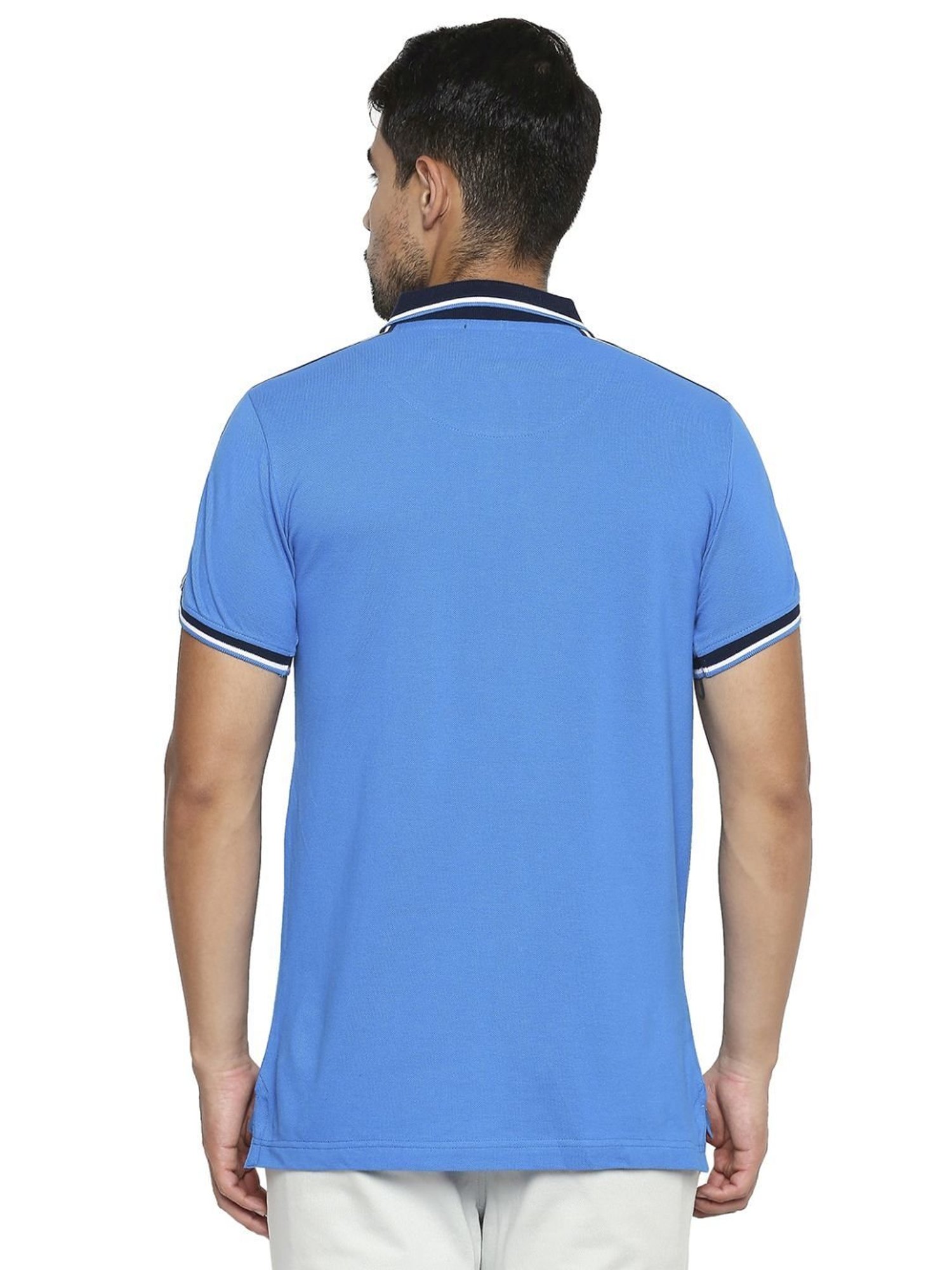 Basics Blue Slim Fit Striped Polo T-Shirt