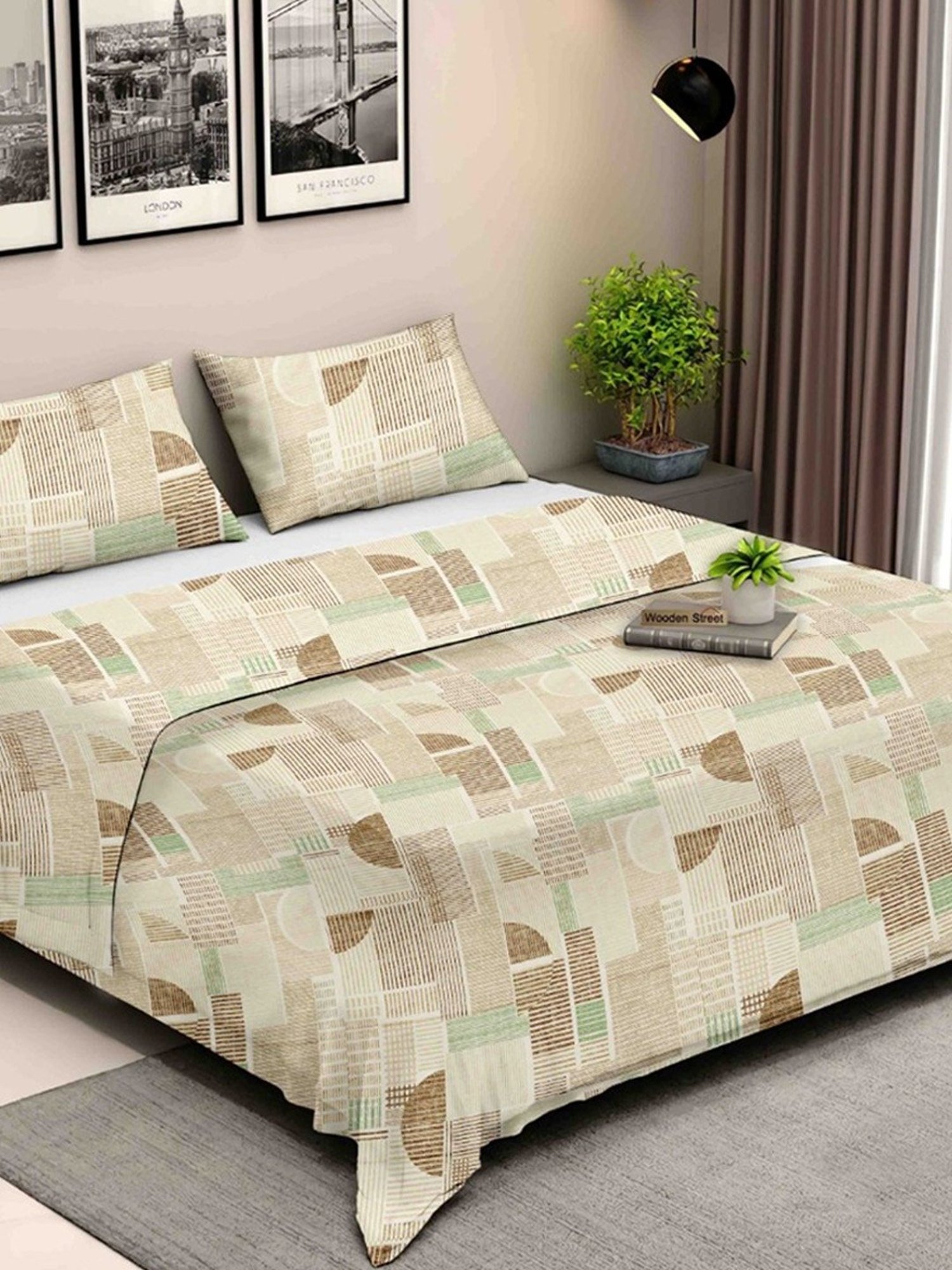 Ariana Rome Geometric Beige 210 TC Cotton Super king Bedsheet with 2 Pillow Covers