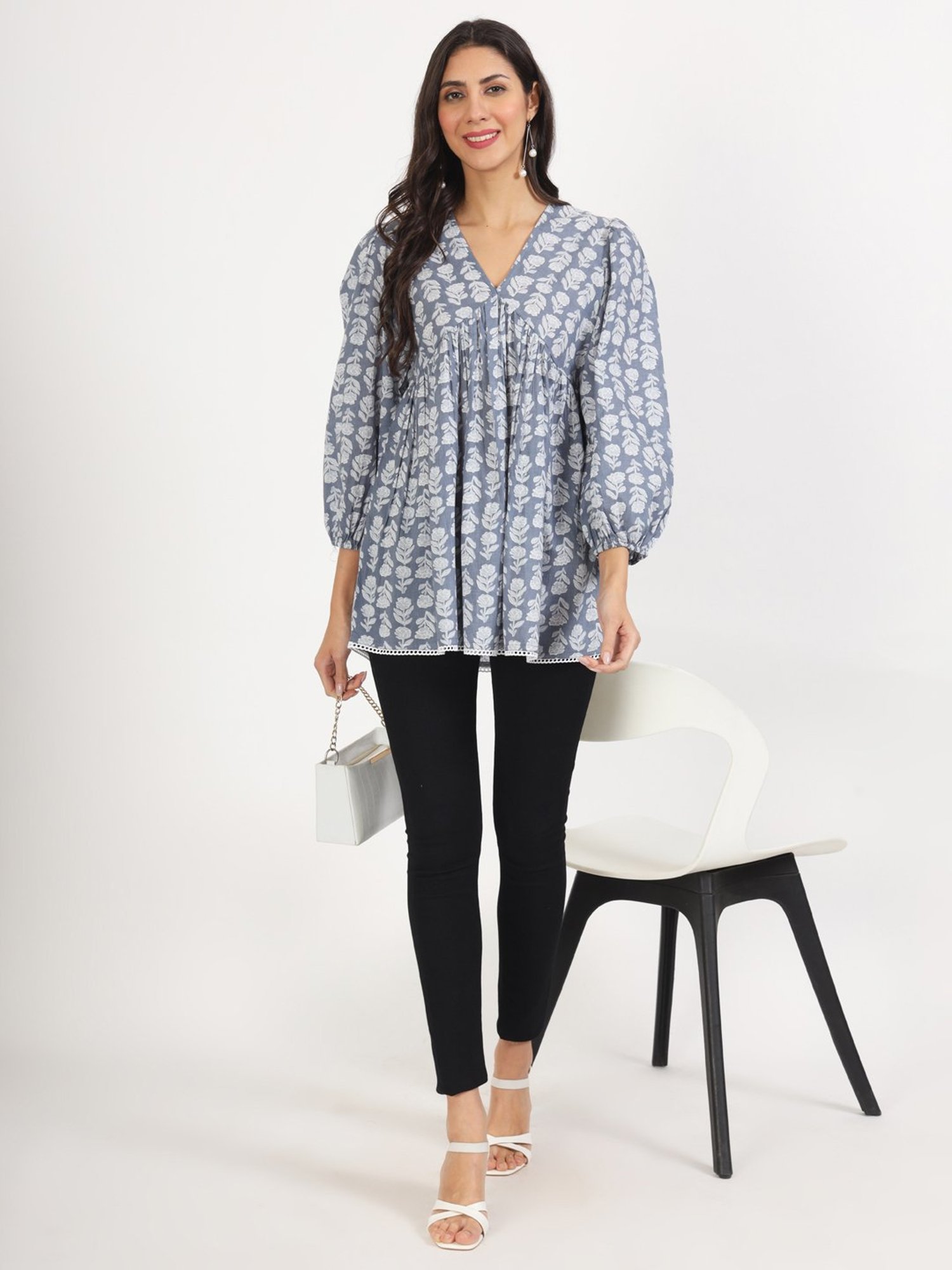 Divena Grey Cotton Floral Print Top