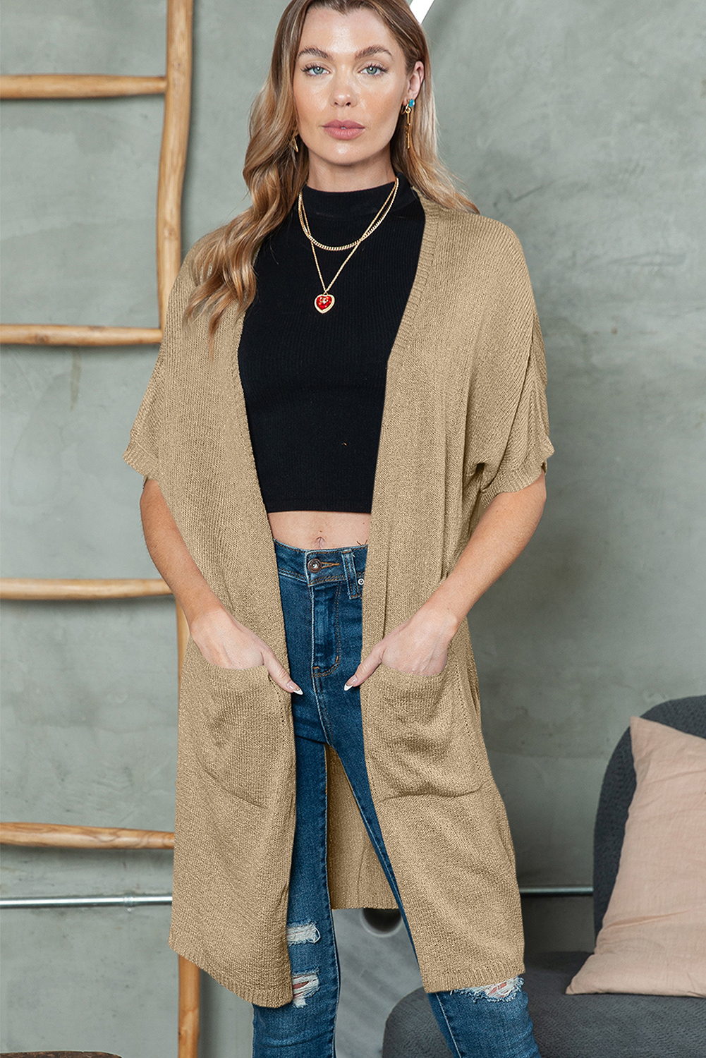 Khaki Dolman Half Sleeve Pocketed Long Cardigan