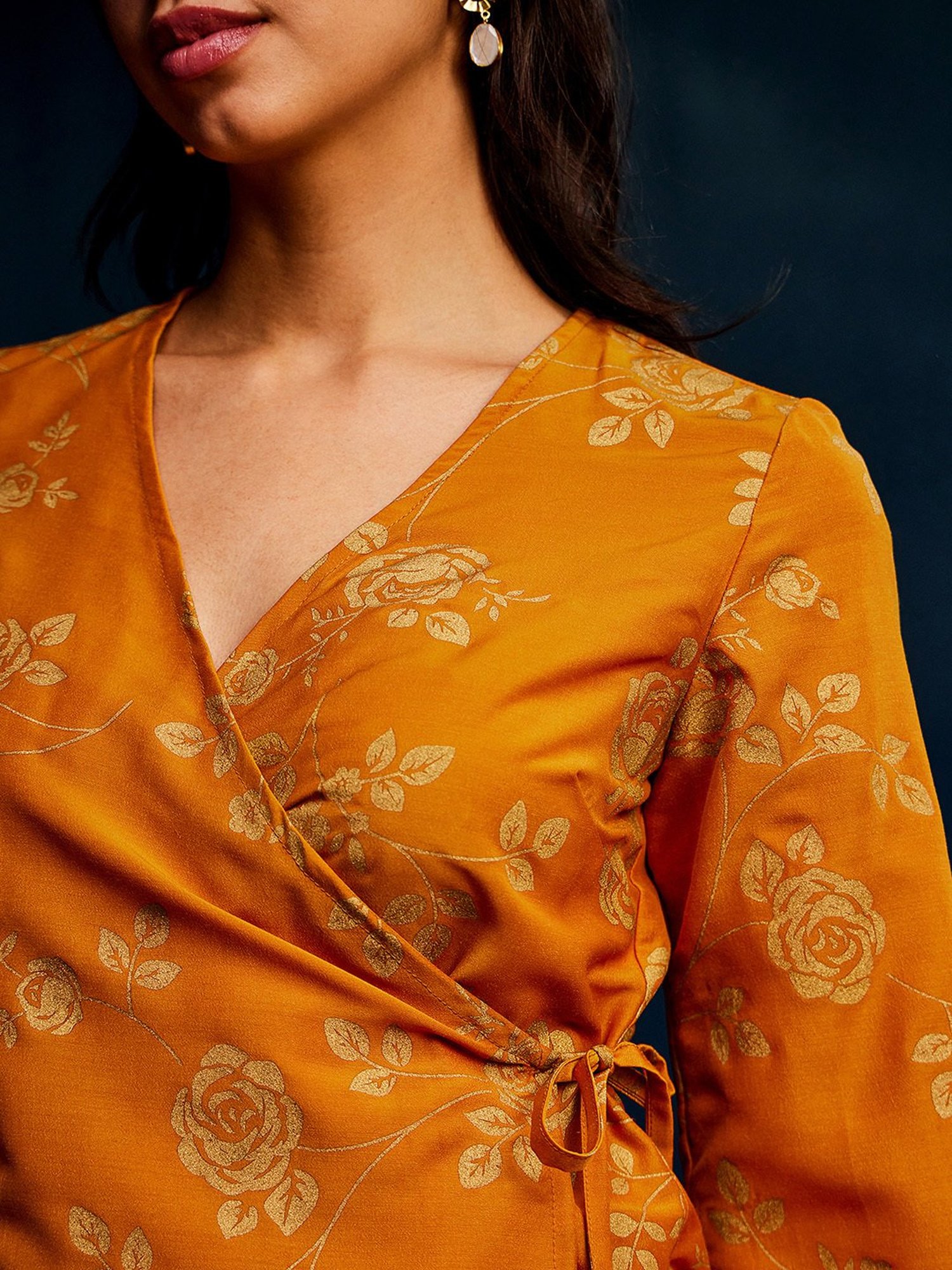 Pink Fort Yellow Floral Print Wrap Top With Pants