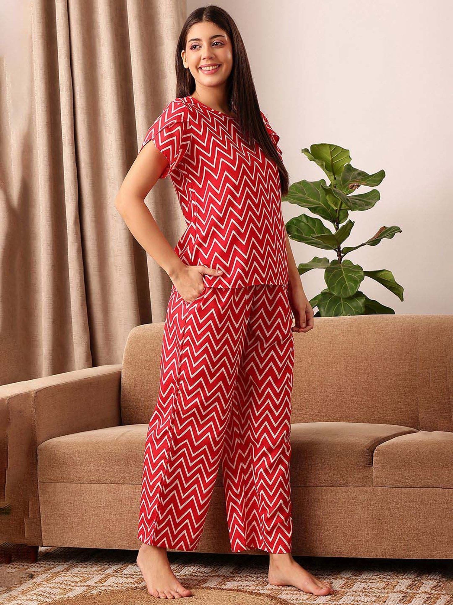 Clovia Red & White Striped Top With Pyjamas