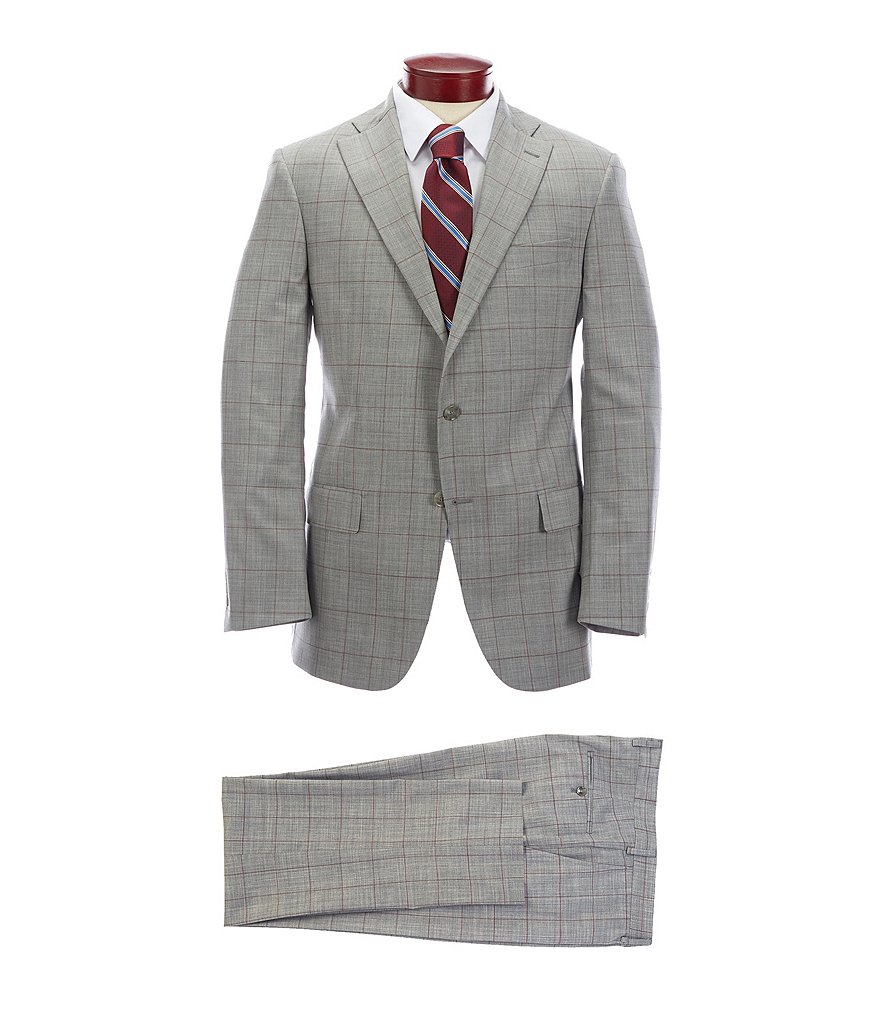 Hart Schaffner Marx Classic Fit Light Grey Windowpane Flat Front Wool Blend Suit