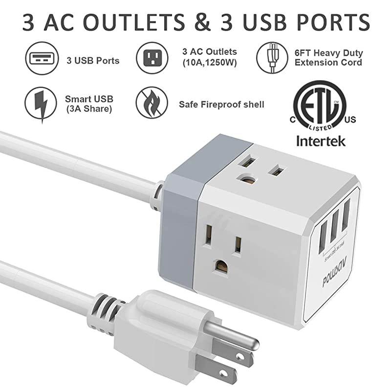 Power Strip,  Extension Cord with 3 USB Ports(Smart 3.0A Total) and 3-Outlet Extender, 5 Feet Cord, Compact Size for Cruise Ship, Home, Office,Dorm Essentials, ETL Listed