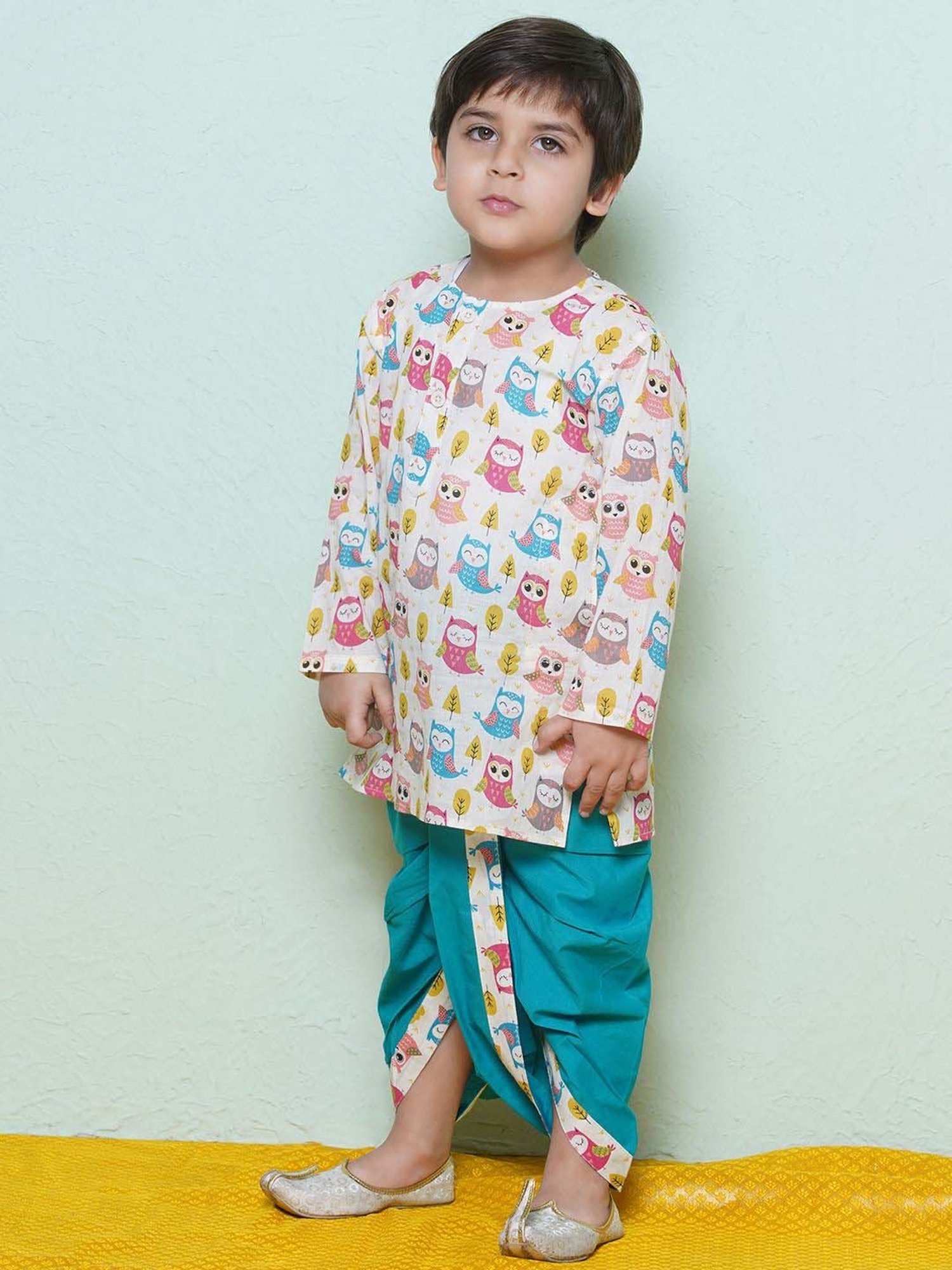 AJ Dezines Kids White & Teal Blue Cotton Printed Full Sleeves Kurta Set
