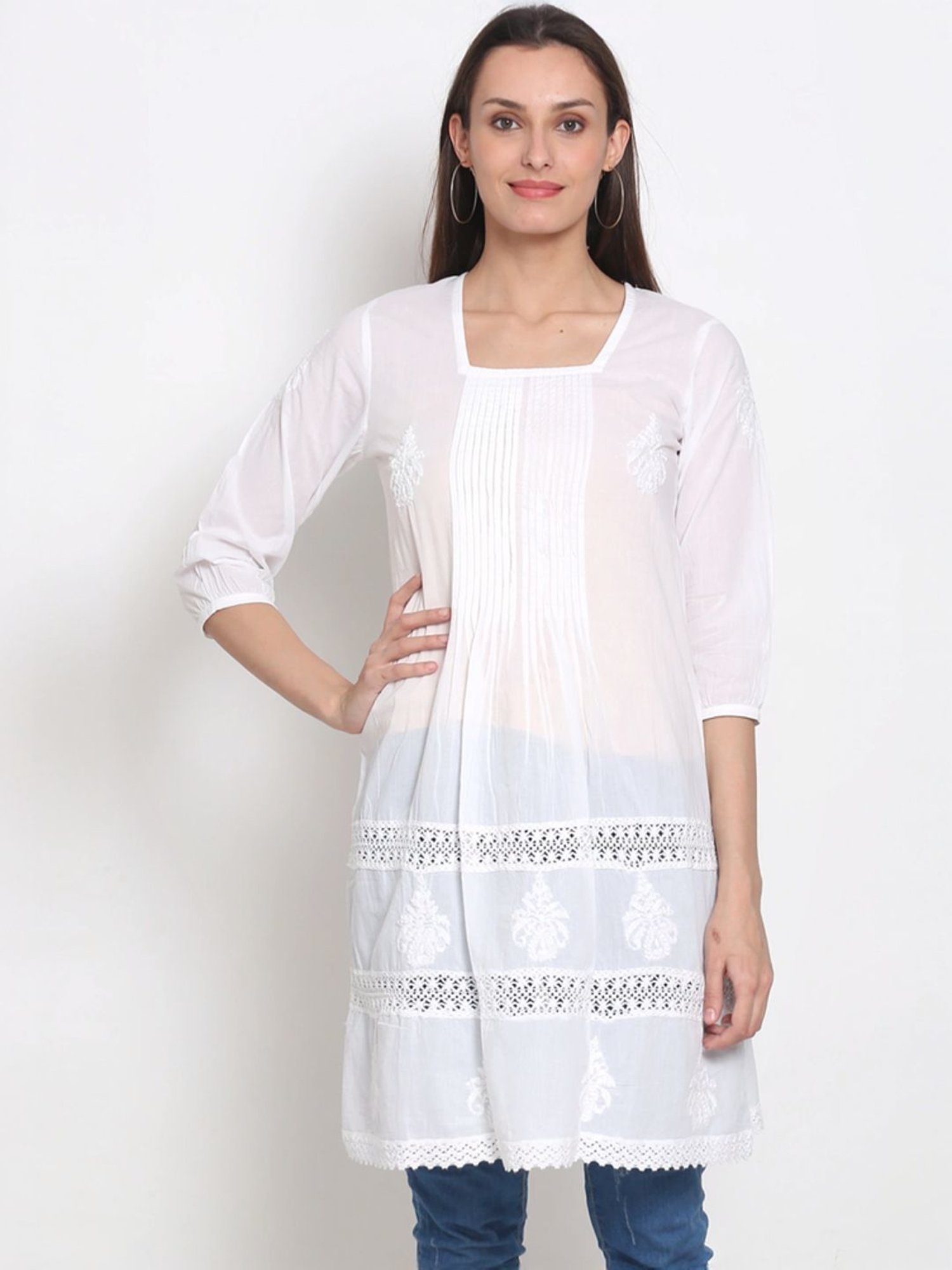 PARAMOUNT CHIKAN White Cotton Hand Embroidered Chikankari A Line Kurti