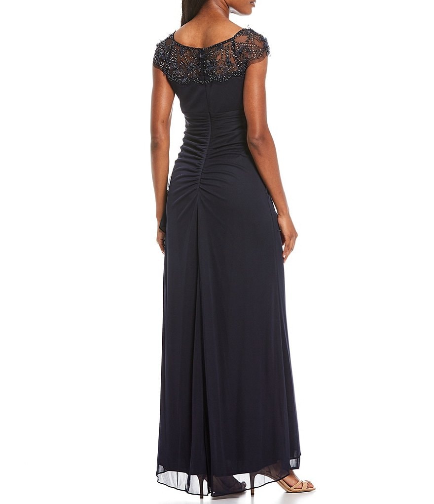 Xscape Illusion Lace Neckline Side Ruched Mesh Gown