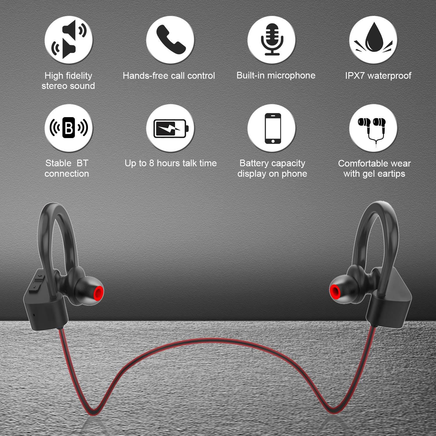 Bluetooth Headphones IPX7 Waterproof, Wireless Sport Earphones, HiFi Bass Stereo Sweatproof Earbuds w/Mic, Noise Cancelling Headset for Workout, Running, Gym, 8 Hours Play Time