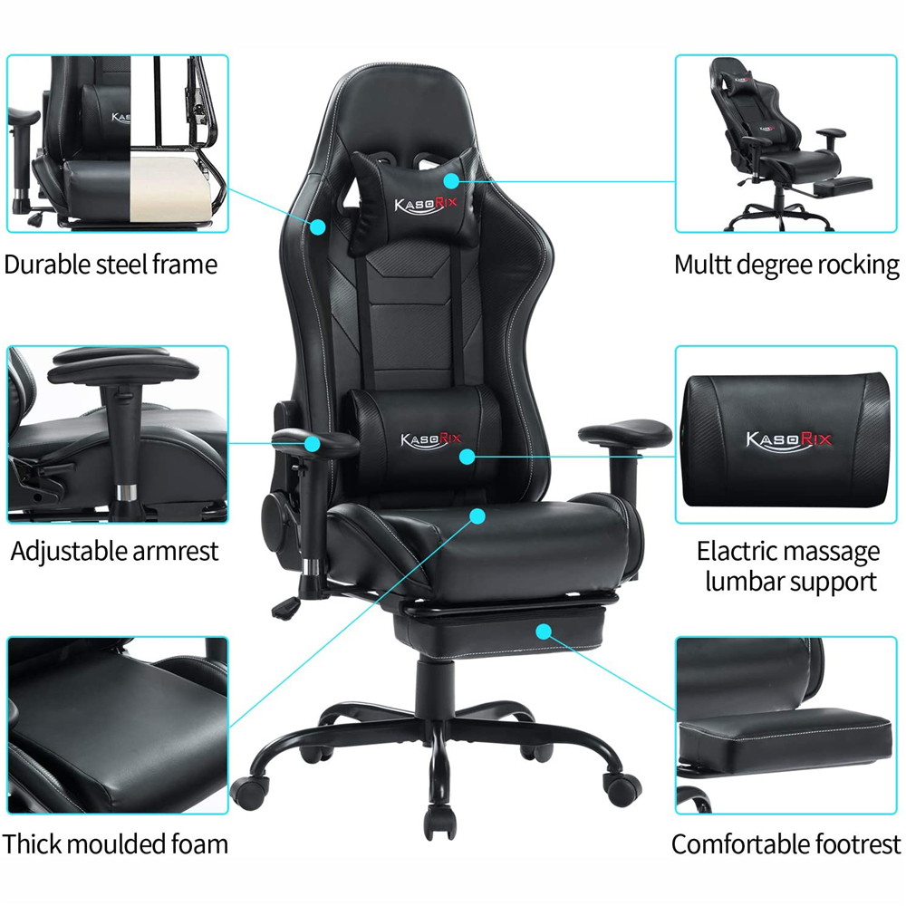KASORIX Ergonomic Gaming Chair High Back Racing Chair with Footrest Massage Computer Gaming Chair Reclining Home Office Chair with Headrest and Lumbar Support