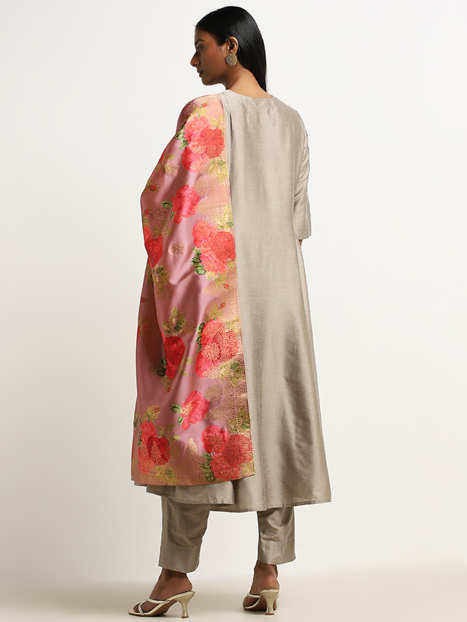 Vark by Westside Grey Floral Printed A-Line Kurta, Pants & Dupatta Set