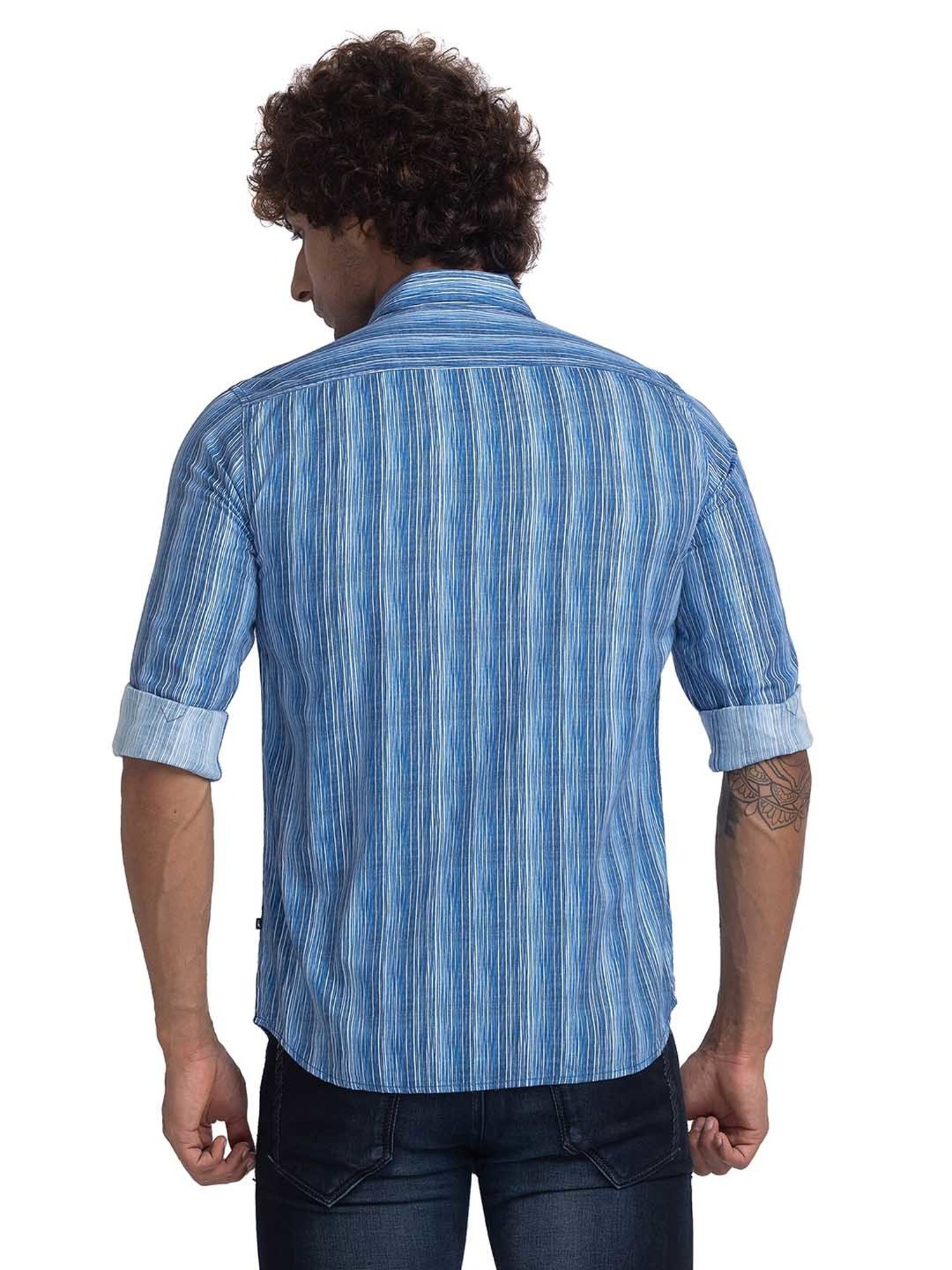 Parx Blue Slim Fit Striped Shirt