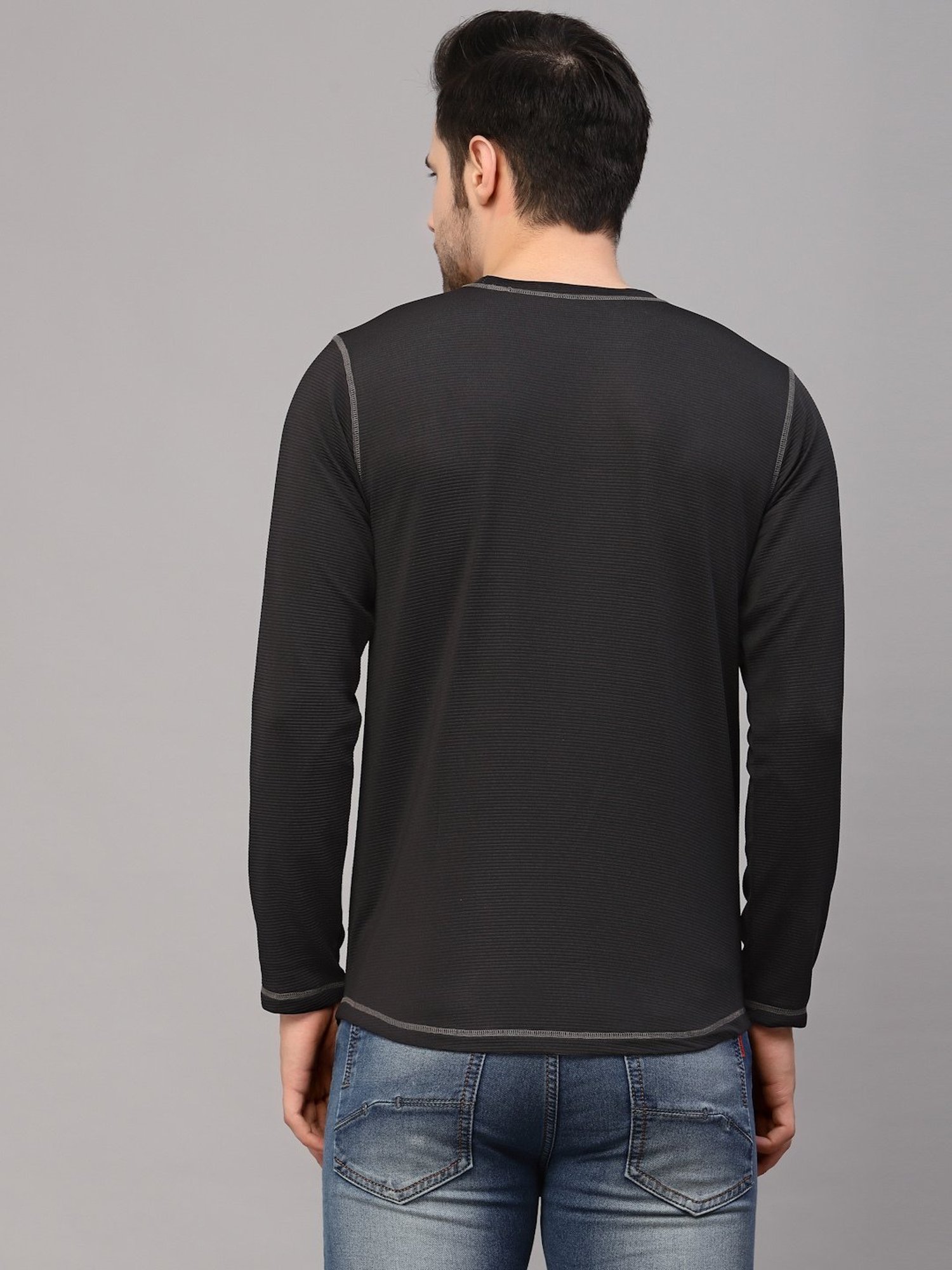 Rigo Black Slim Fit Self Design Crew T-Shirt