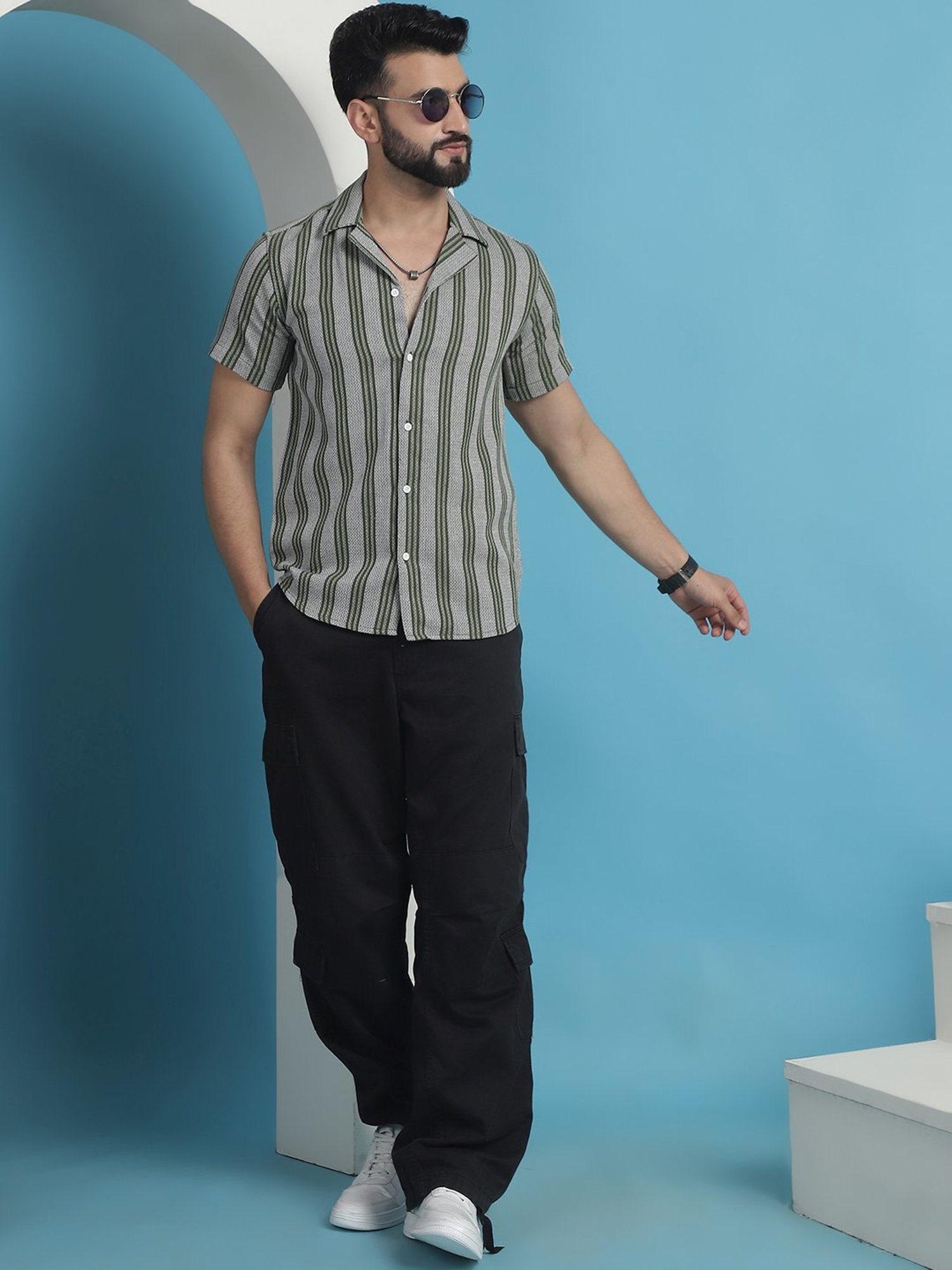 Indian Needle Olive Cotton Regular Fit Striped Shirt