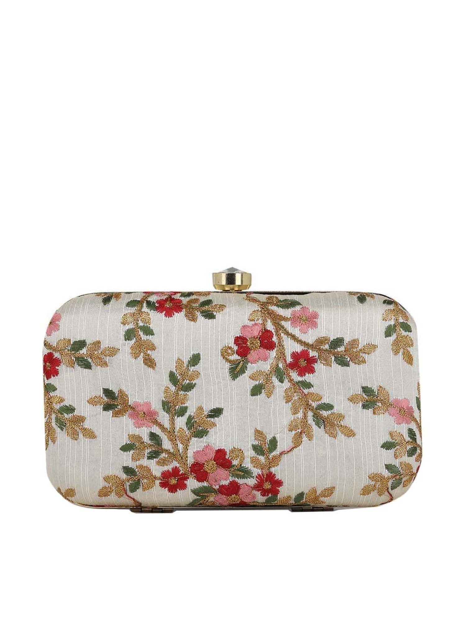 Gaurapakhi White Embroidered Minaudiere Clutch