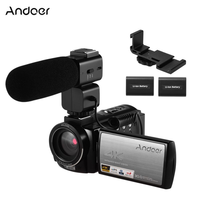 Andoer HDR-AE8 4K WiFi Digital Video Camera Camcorder DV Recorder 30MP 16X Digital Zoom IR Night Vision 3 Inch IPS LCD Touchscreen with 2pcs Rechargeable Batteries +   External Microphone + Cold Shoe
