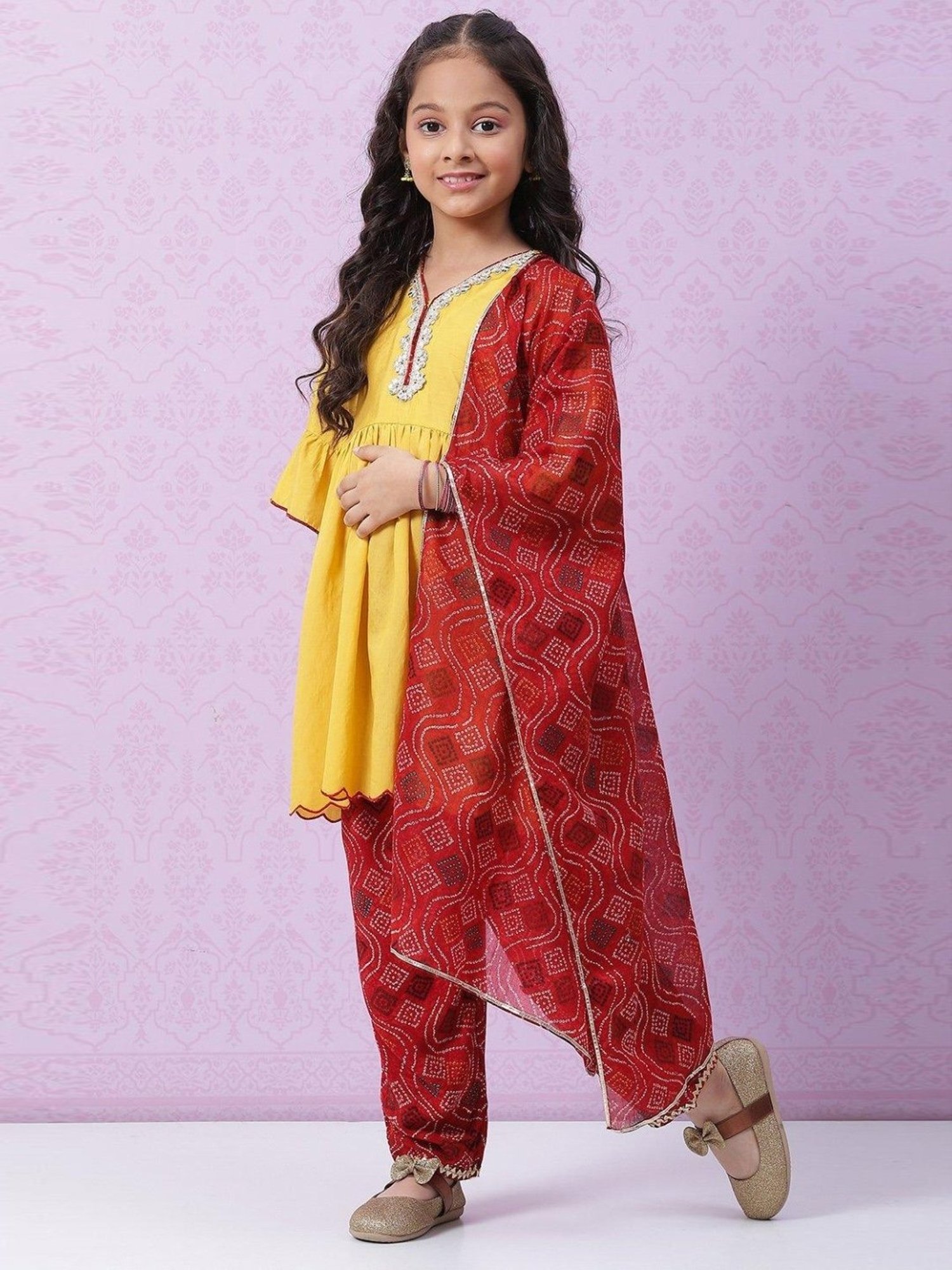 Biba Kids Yellow & Red Embroidered Kurta Set