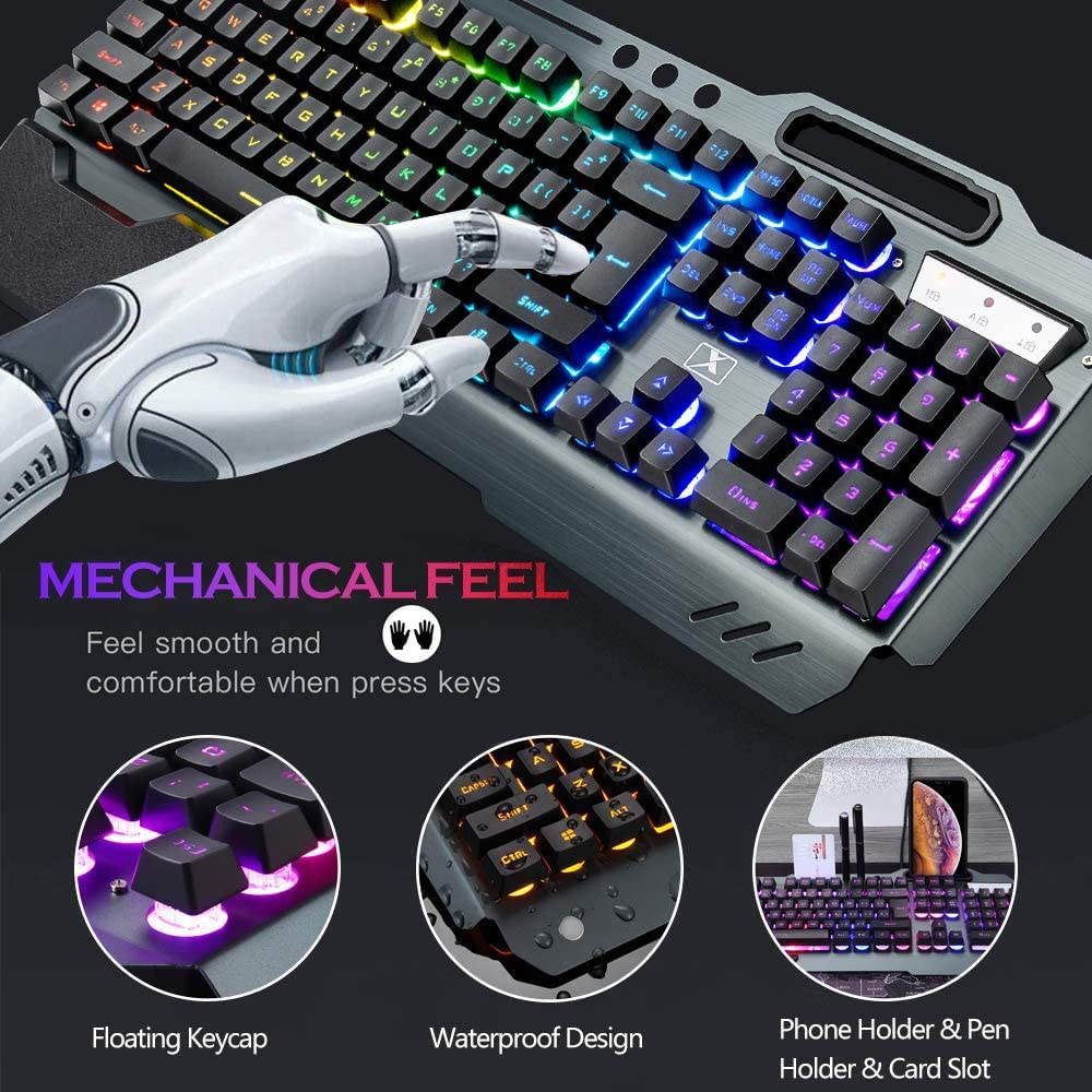 Wireless Gaming Keyboard and Mouse,Rainbow Backlit Rechargeable Keyboard Mouse with 3800mAh Battery Metal Panel,Removable Hand Rest Mechanical Feel Keyboard and 7 Color Gaming Mute Mouse for PC Gamers
