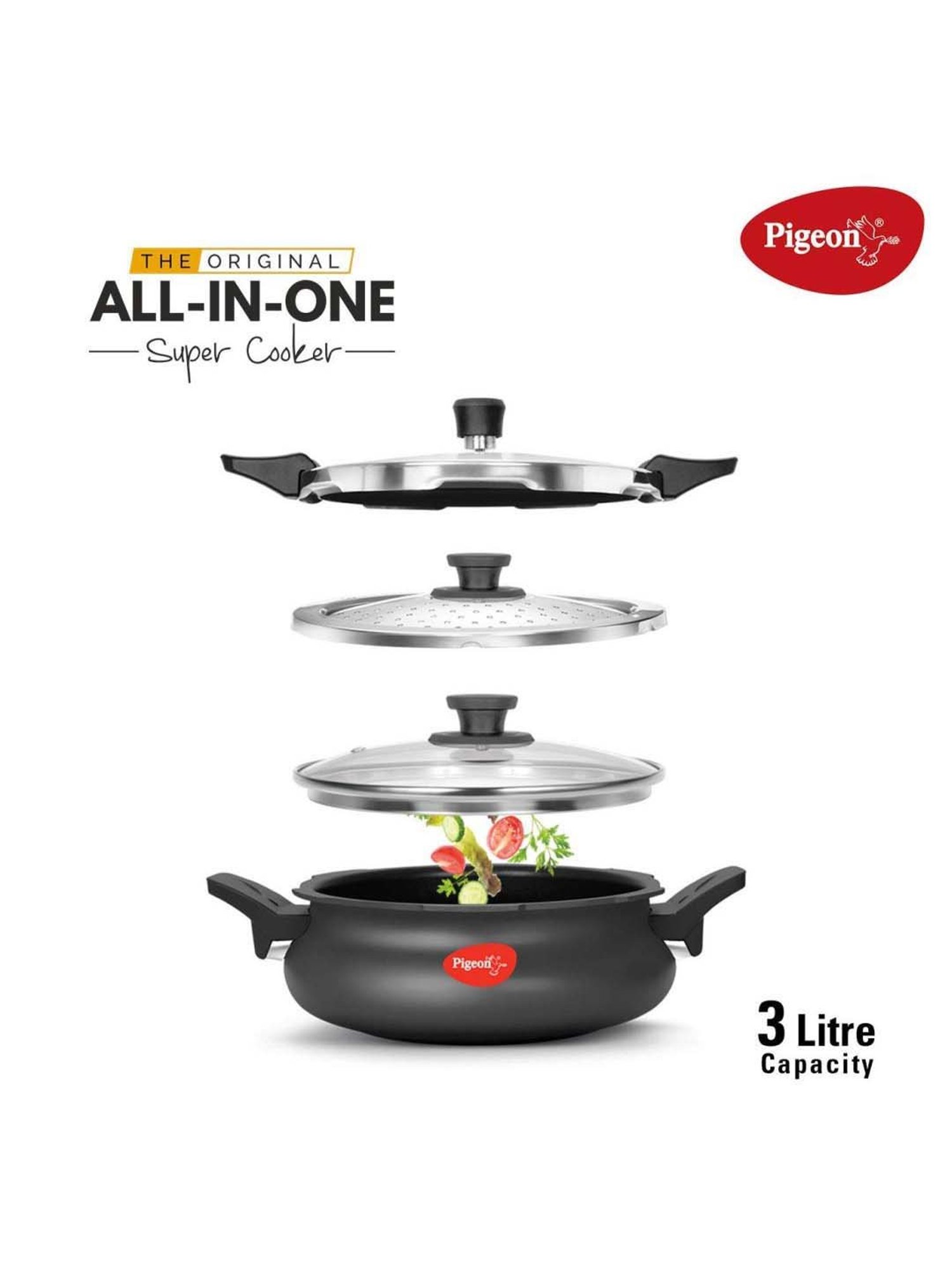 Pigeon Black Aluminium 29 cm Induction Friendly Pressure Cooker With Lid & Strainer (3 L) - Set of 2