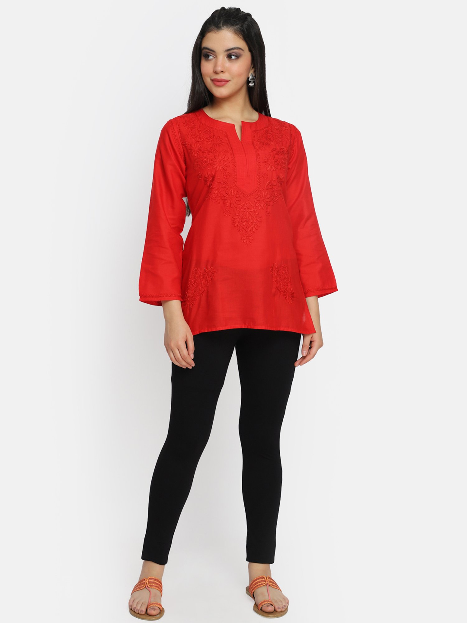PARAMOUNT CHIKAN Red Cotton Chikankari Straight Short Kurti