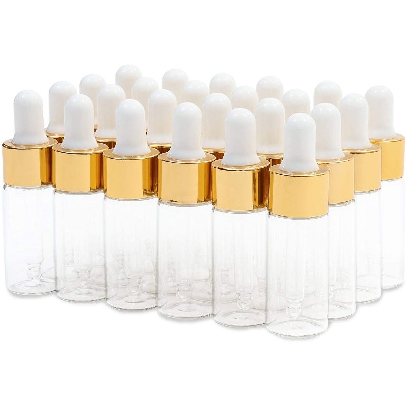 24 Pack 0.3oz Clear & Gold Glass Bottles with Glass Droppers for Beauty, Essential Oils and Perfumes
