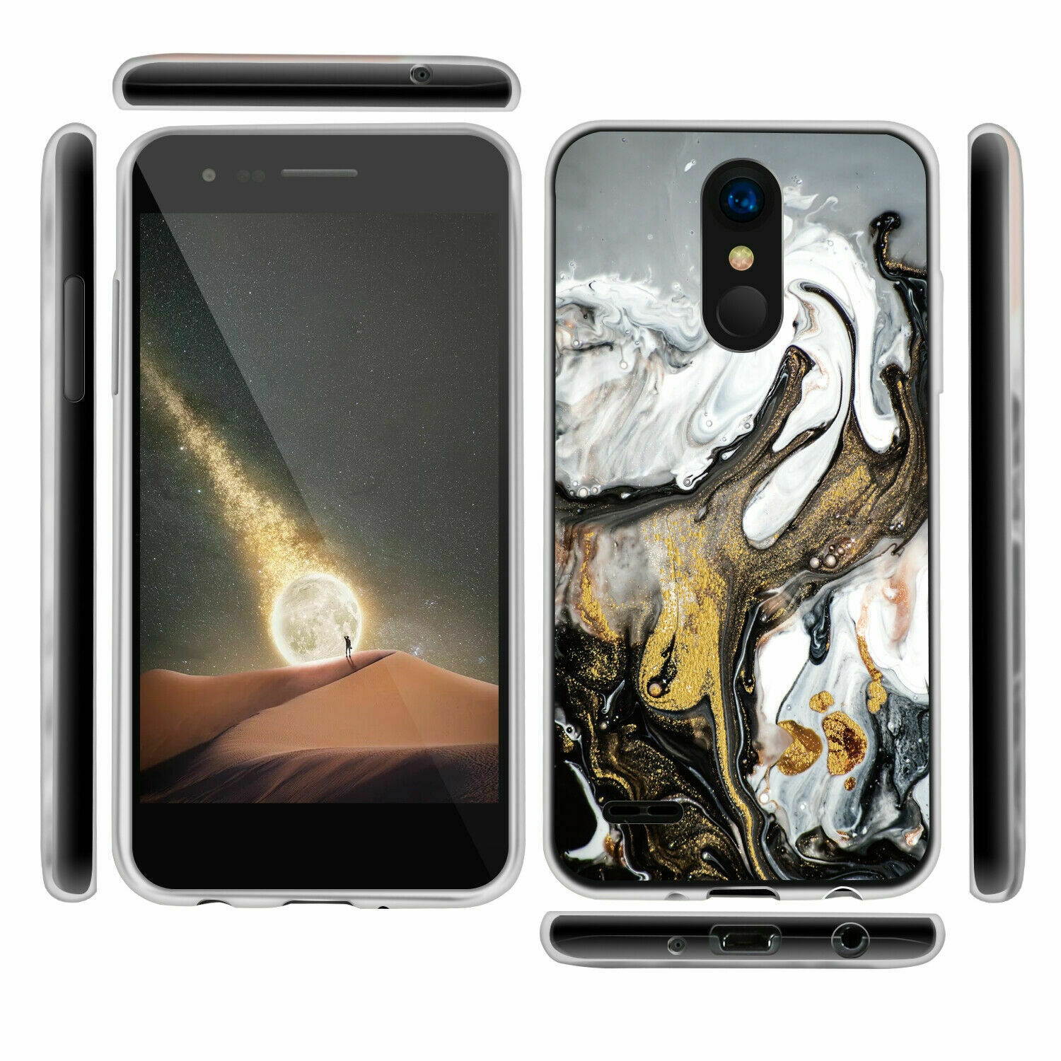 For LG Rebel Phoenix 4 Aristo 2/3 Plus Case Marble Glitter TPU +Tempered Glass