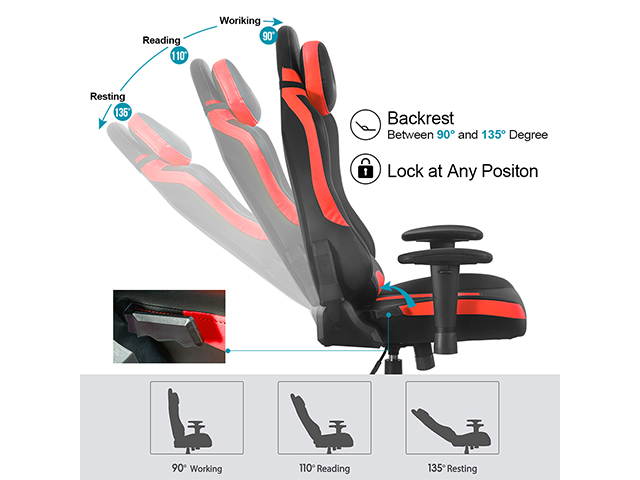 Office Gaming Chair Carbon PU Leather Reclining Black Racing Style, Executive Ergonomic Hydraulic Swivel Seat with U-Shaped Headrest and Lumbar Support,Red,GC18