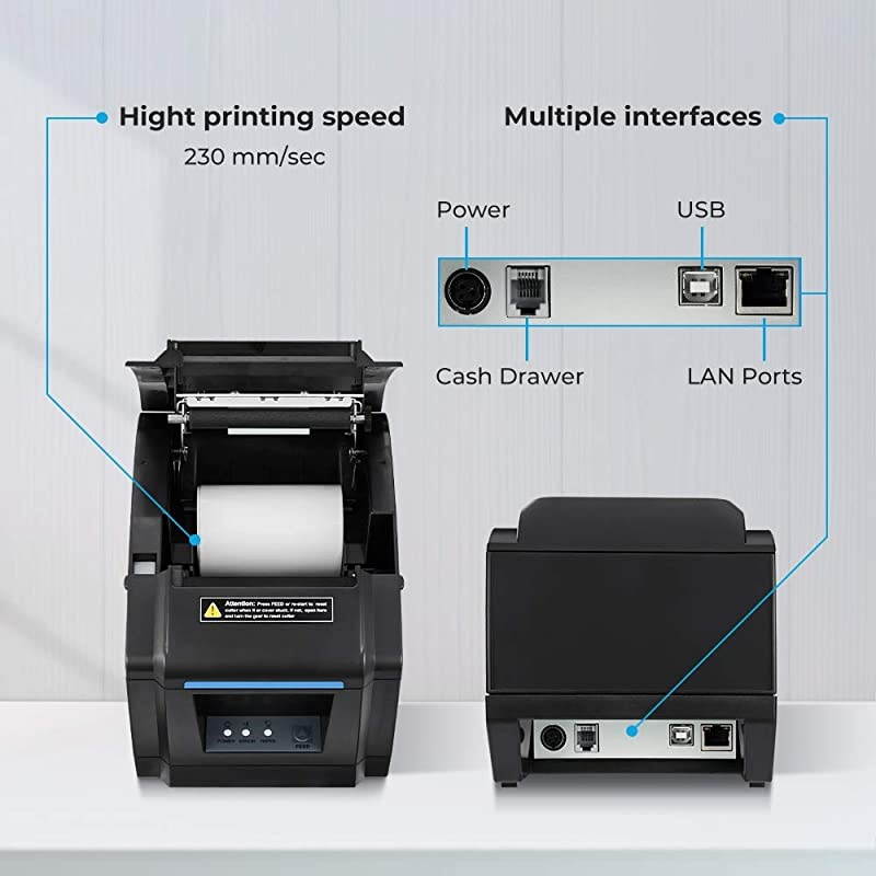 Thermal Receipt Printer,  Restaurant Kitchen Printer of Sound Reminder/Wall-Mount/Auto Cutter, 3 inches 80mm Desktop POS Bill Machine with USB/LAN/Cash Drawer Port, Support Windows