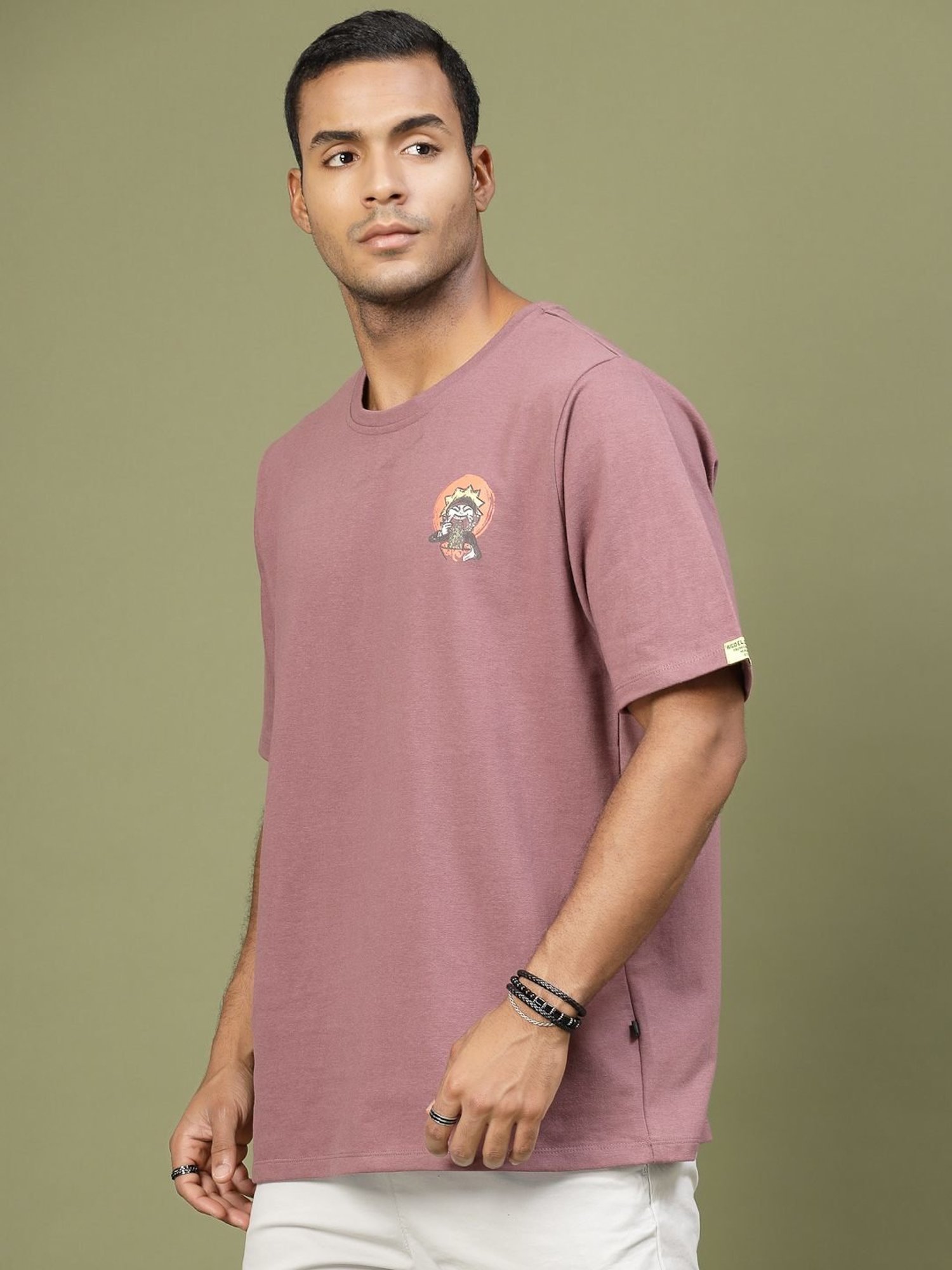 Rigo Mauve Cotton Loose Fit Typography T-Shirt