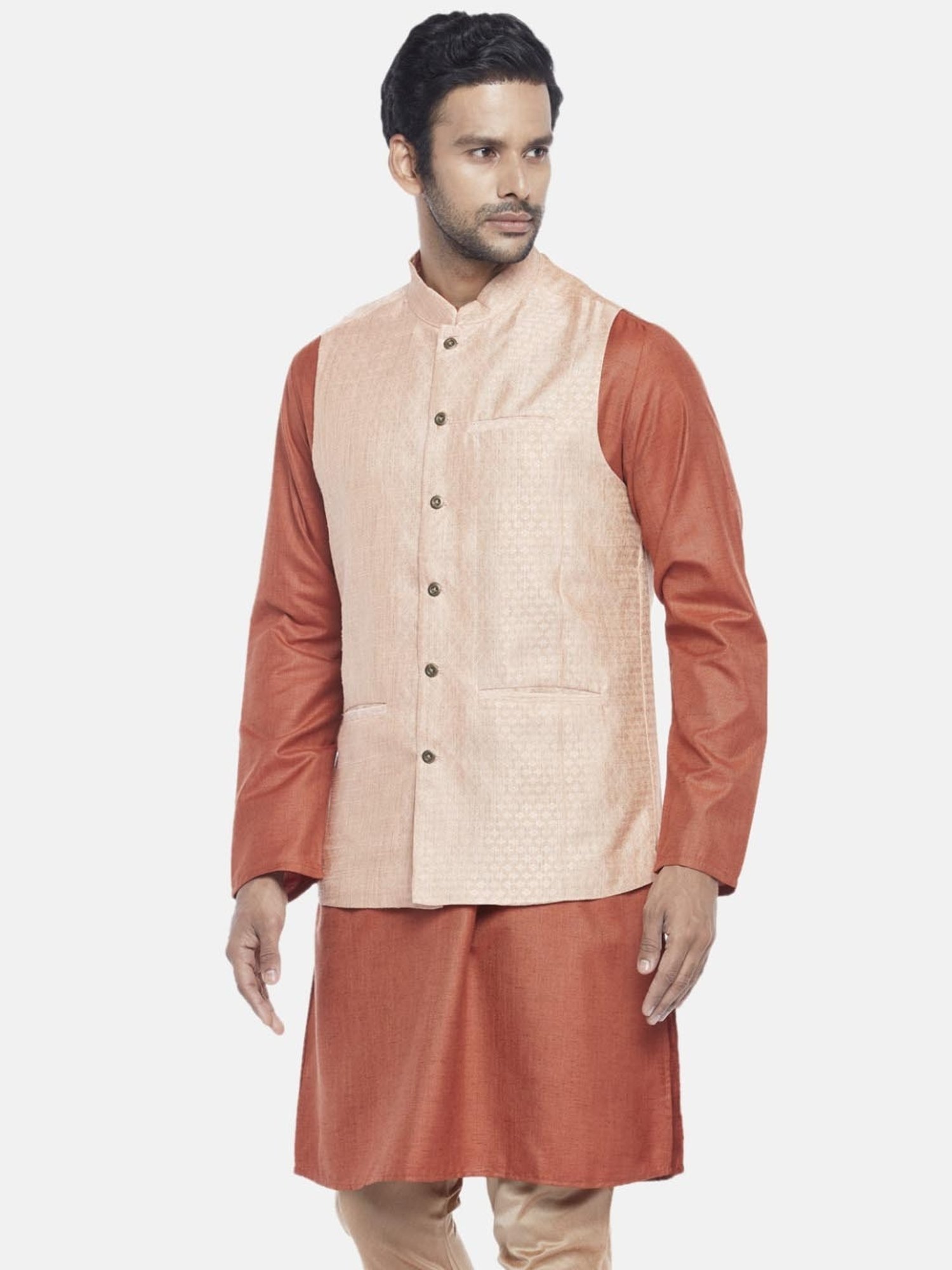 Indus Route By Pantaloons Pastel Pink Regular Fit Self Pattern Nehru Jacket