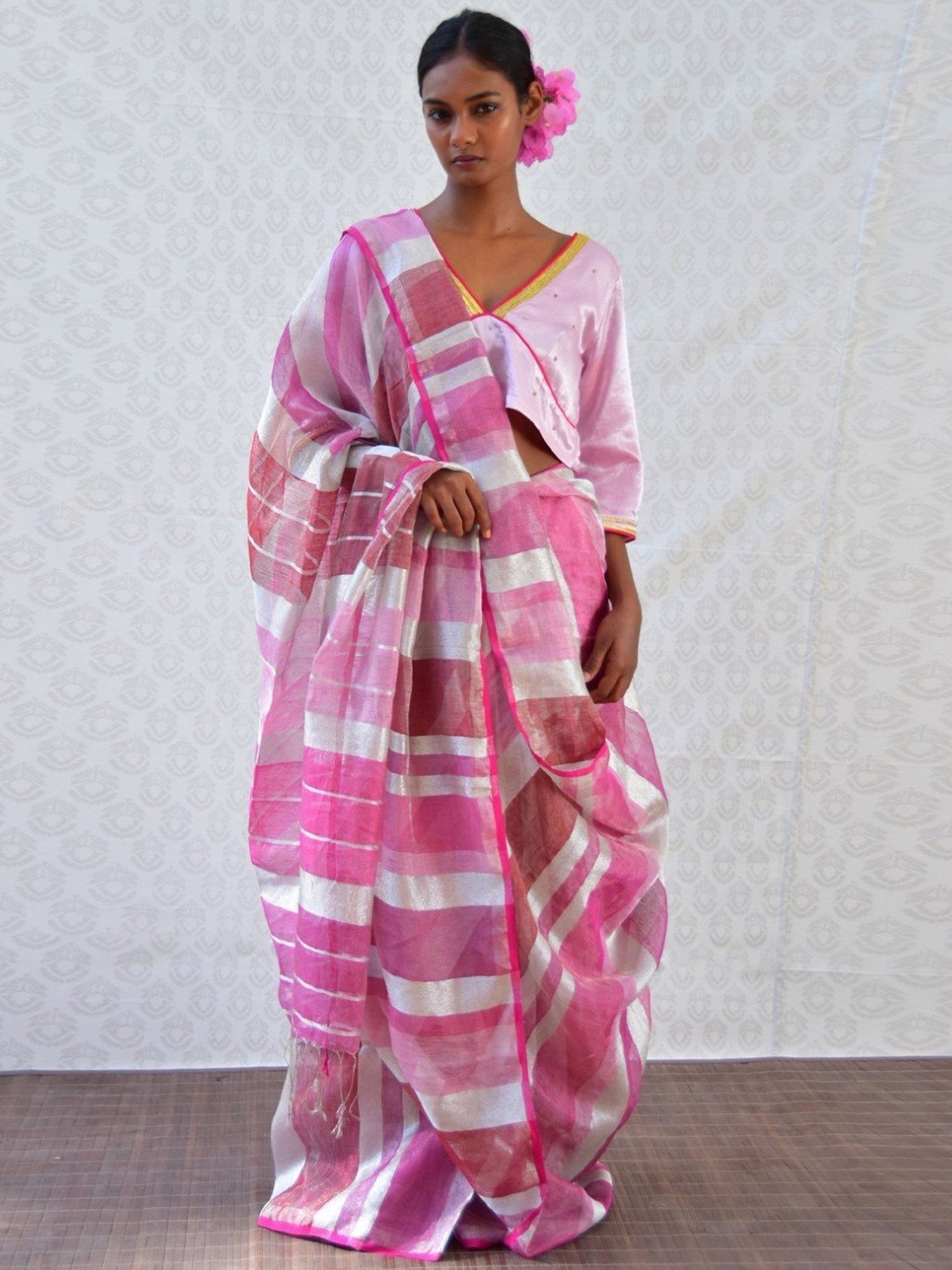 Chidiyaa Bougainvillea Pretty Pink Handwoven Linen Zari Saree