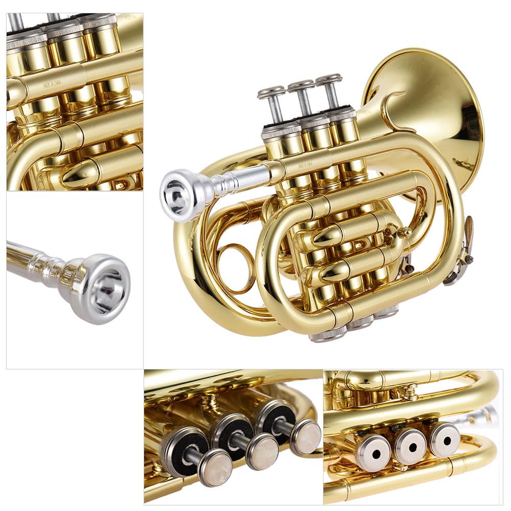 ammoon Mini Pocket Trumpet Bb Flat Brass Wind Instrument with Mouthpiece Gloves Cleaning Cloth Carrying Case