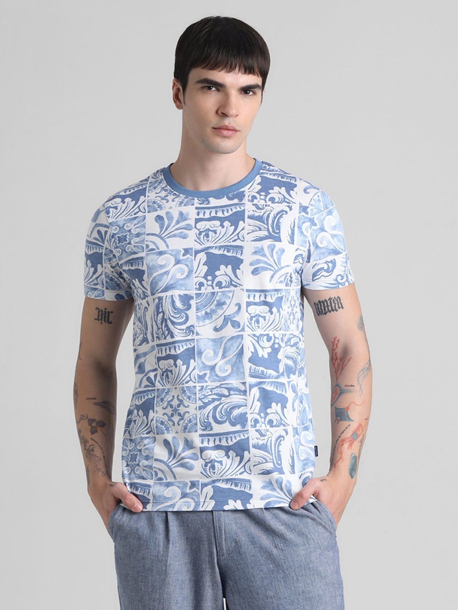 Jack & Jones Blue Ashes Cotton Slim Fit Printed T-Shirt