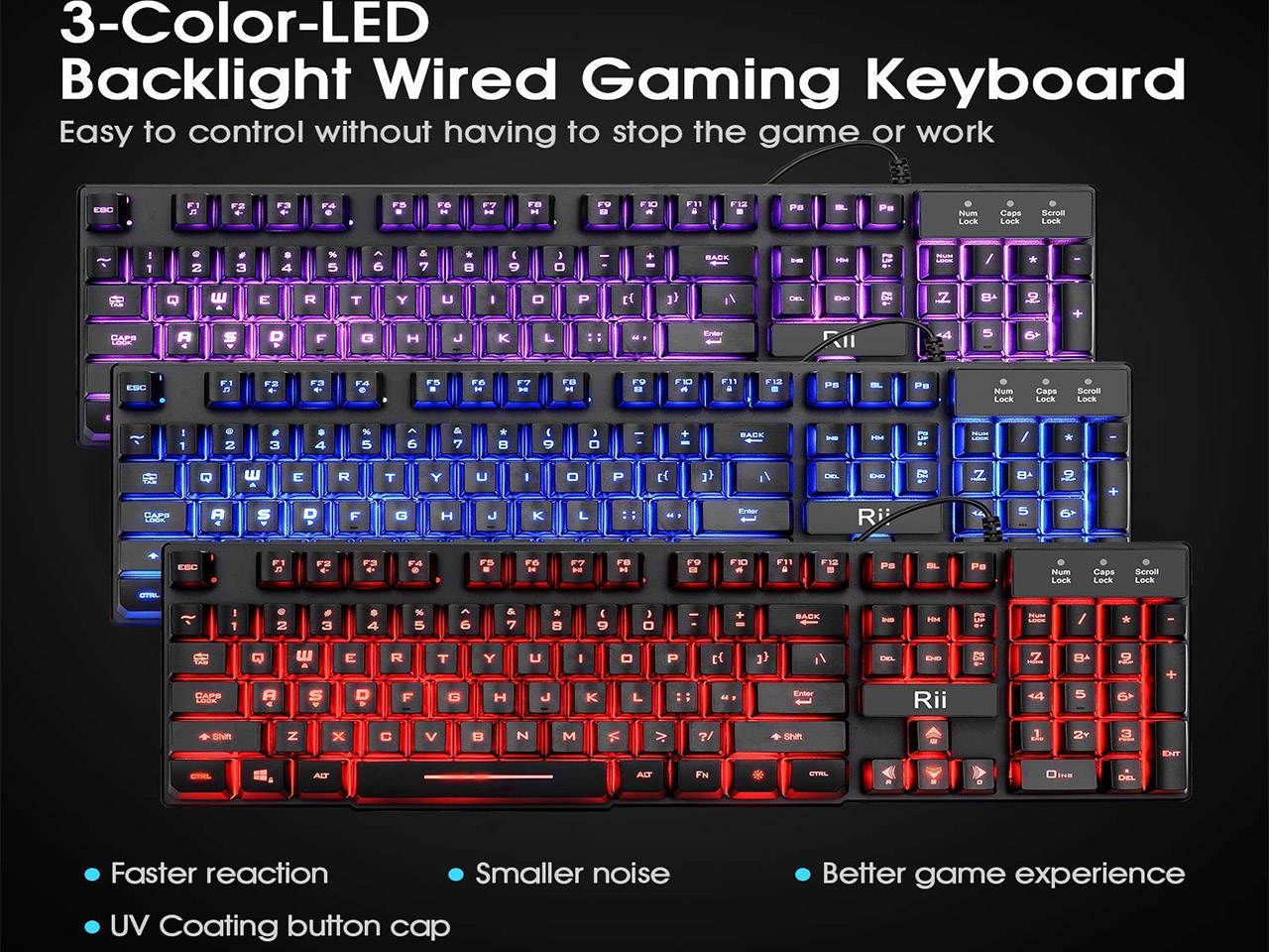 High Performance wired Keyboard, 3 Colors LED Backlit USB Wired Multimedia Keyboard For working, gaming, office, Standard 104 Keys, Automatically sleeping modes, Mechanical feeling Keyboard