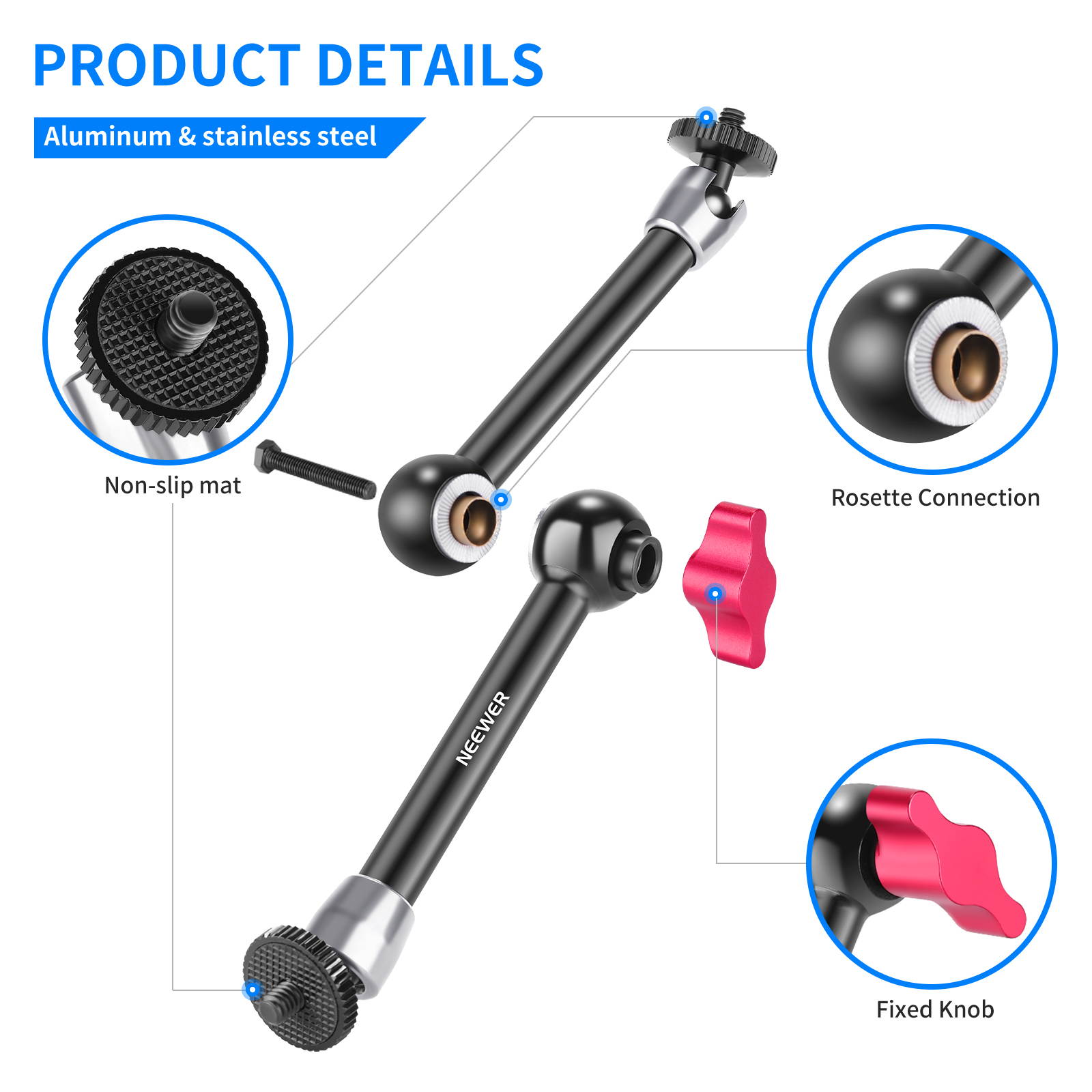 Neewer Upgraded 9.8 inches/25 centimeters Adjustable Friction Magic Arm with Both 1/4-inch Thread Screw, Compatible with Flash, LED Light, Microphone, Monitor, Cage, Super Clamp, Load up to 4.4lbs/2kg