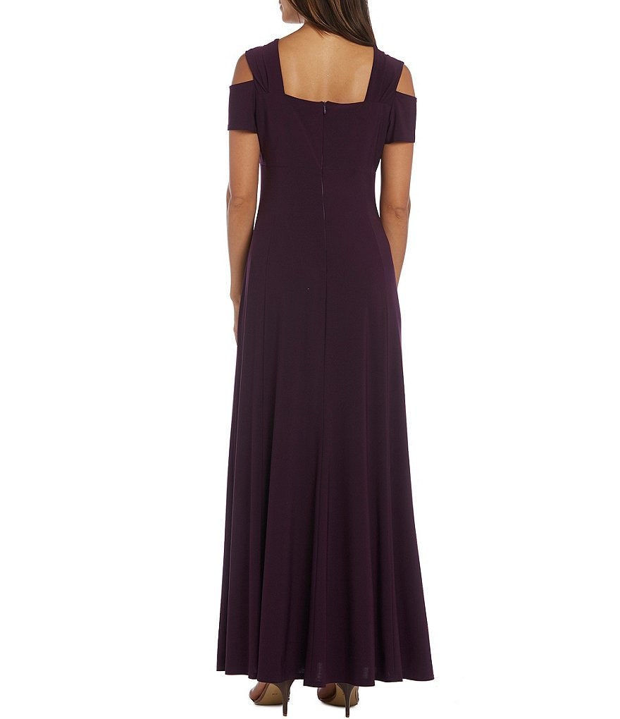 R & M Richards Rhinestone-Trim Cold-Shoulder Matte Jersey Gown