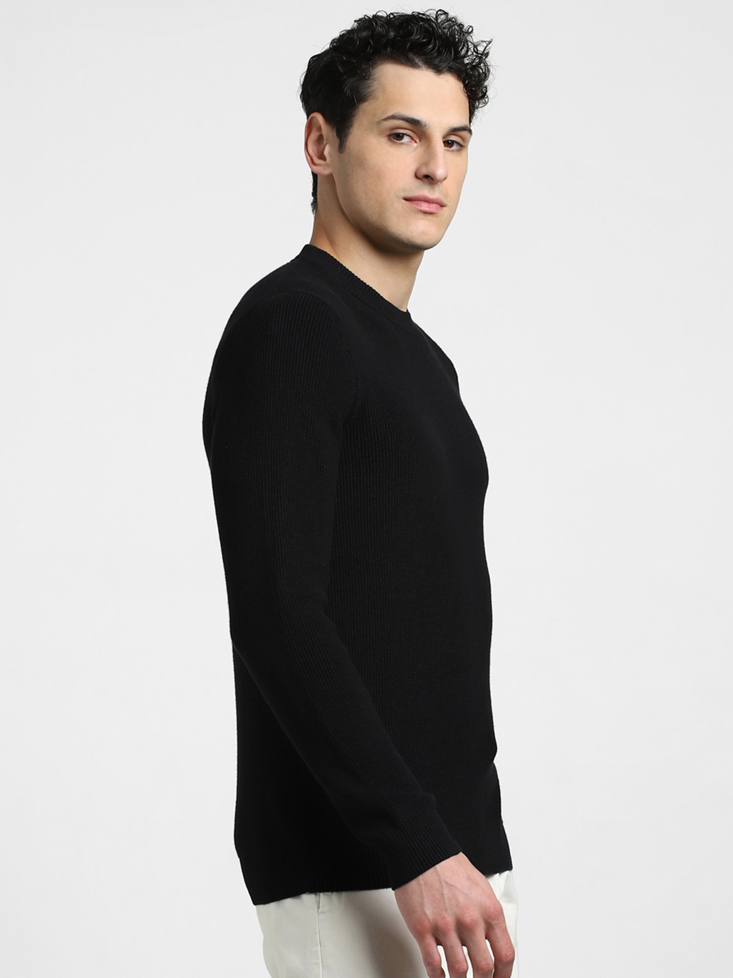 Jack & Jones Black Slim Fit Textured Cotton Sweater
